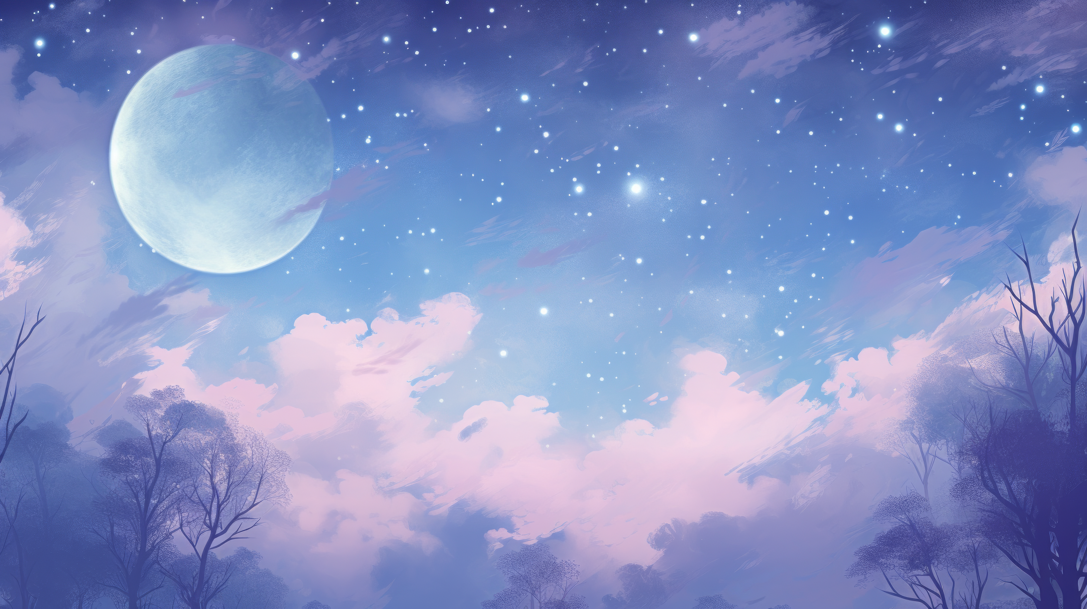 Mond, Sternenhimmel, Wolken, Lila Töne, Digitale Malerei, Full HD, Breitbild-Hintergrundbild