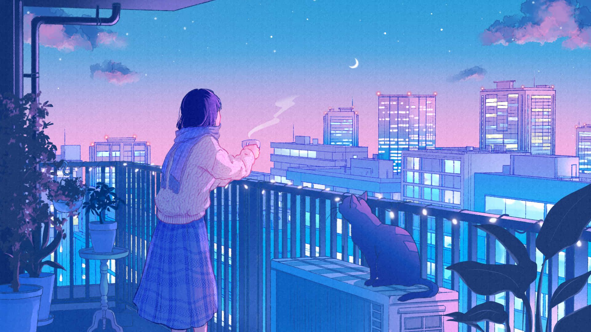 Anime-Mädchen, Balkon, Katze, Stadt, Lo-Fi, Abend, Full HD 1080p, Desktop-Hintergrundbild