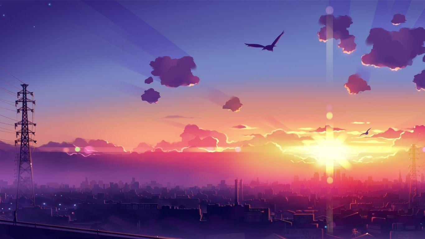 Sonnenuntergang, Strommast, Vögel, Stadt, Lila Himmel, Sonnenstrahlen, HD, Breitbild-Hintergrundbild