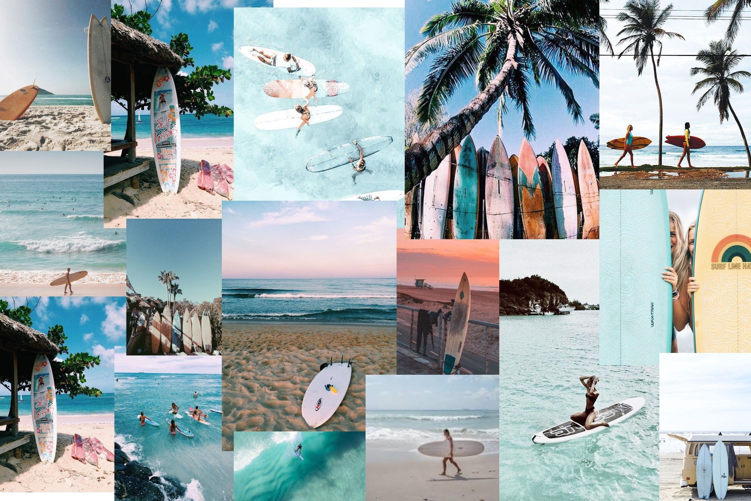 Collage, Surfbretter, Palmen, Strand, Türkis, 2K, Hintergrundbild für den PC