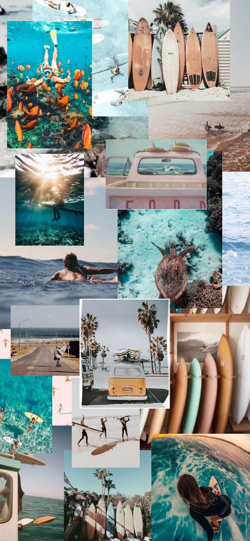 Collage, Surfbretter, Strand, Ästhetik, HD, Hintergrundbild fürs Handy