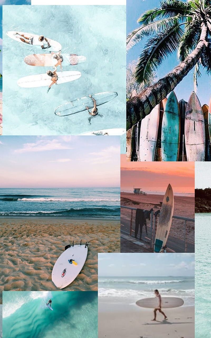 Collage, Surfbretter, Palmen, Meer, Hintergrundbild für iPhone und Android