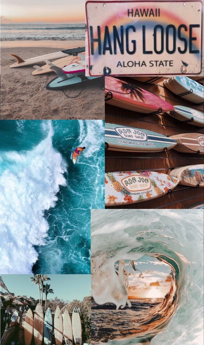 Hawaii, Hang Loose, Collage, Wellen, Schild, Hochformat, Hintergrundbild fürs Smartphone