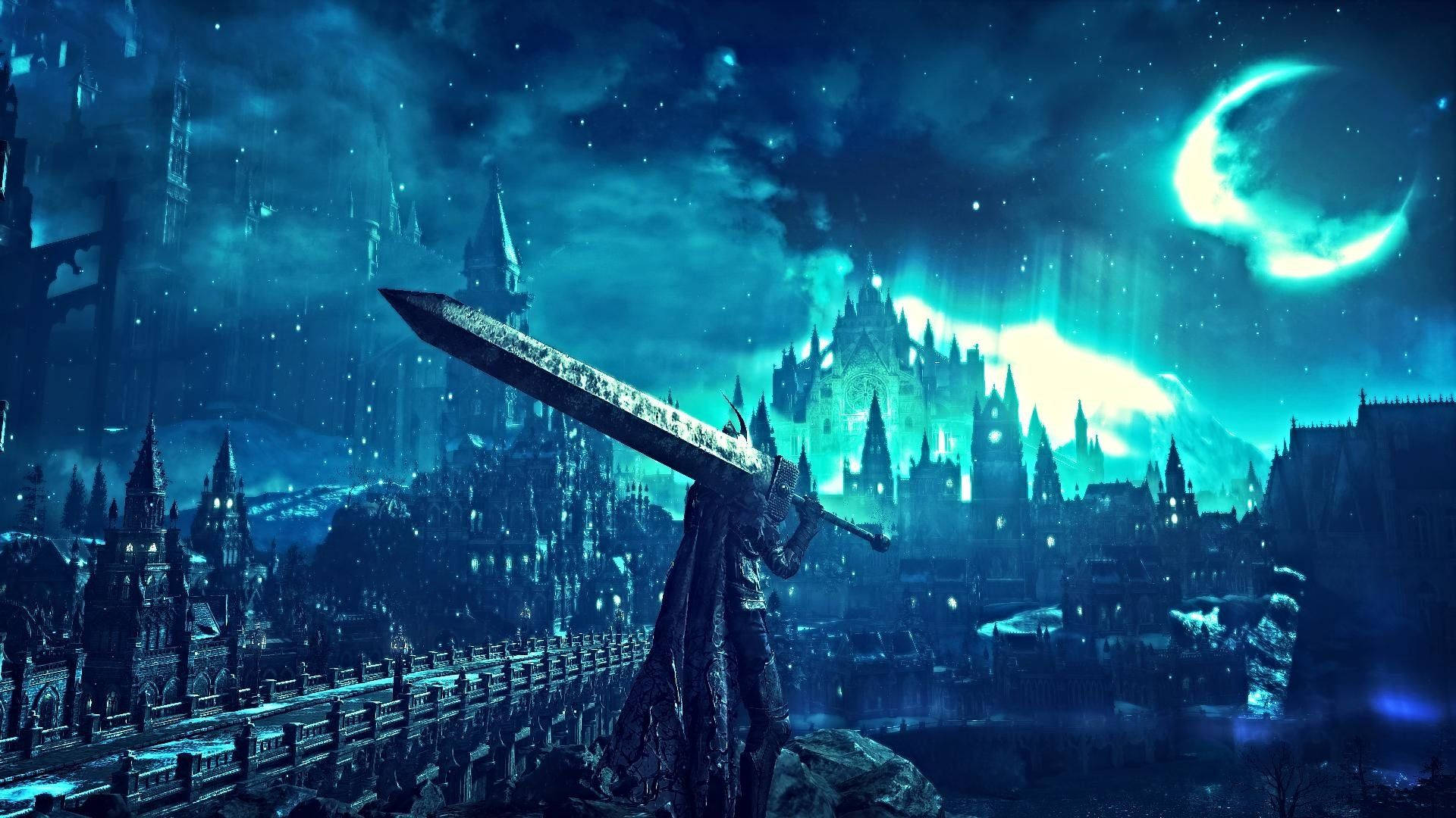 Dark Souls III, Irithyll des Nordwindtals, Mondsichel, Gotische Stadt, Türkis, Nacht, 1080p Wallpaper