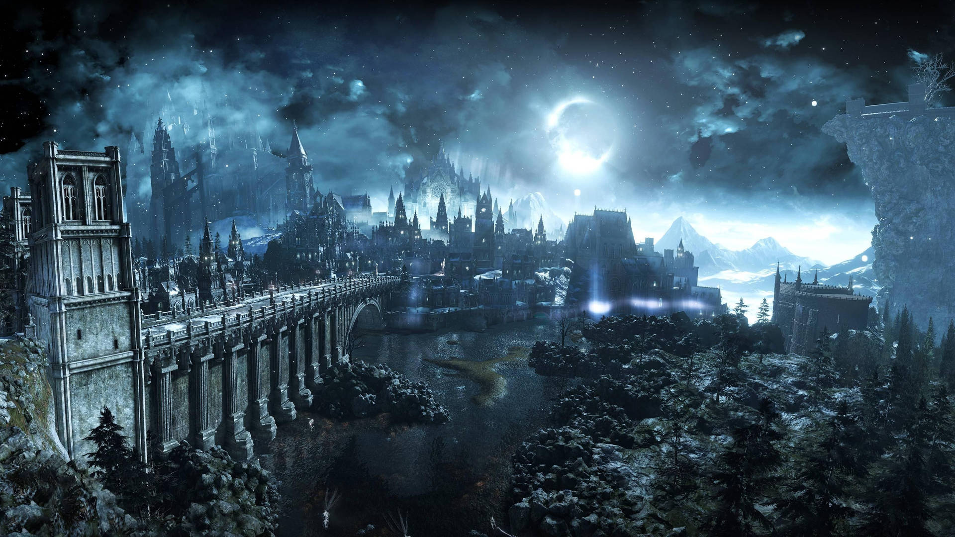 Dark Souls III, Irithyll des Nordwindtals, Brücke, Mond, Gotische Burg, 1920x1080, Desktop-Hintergrund