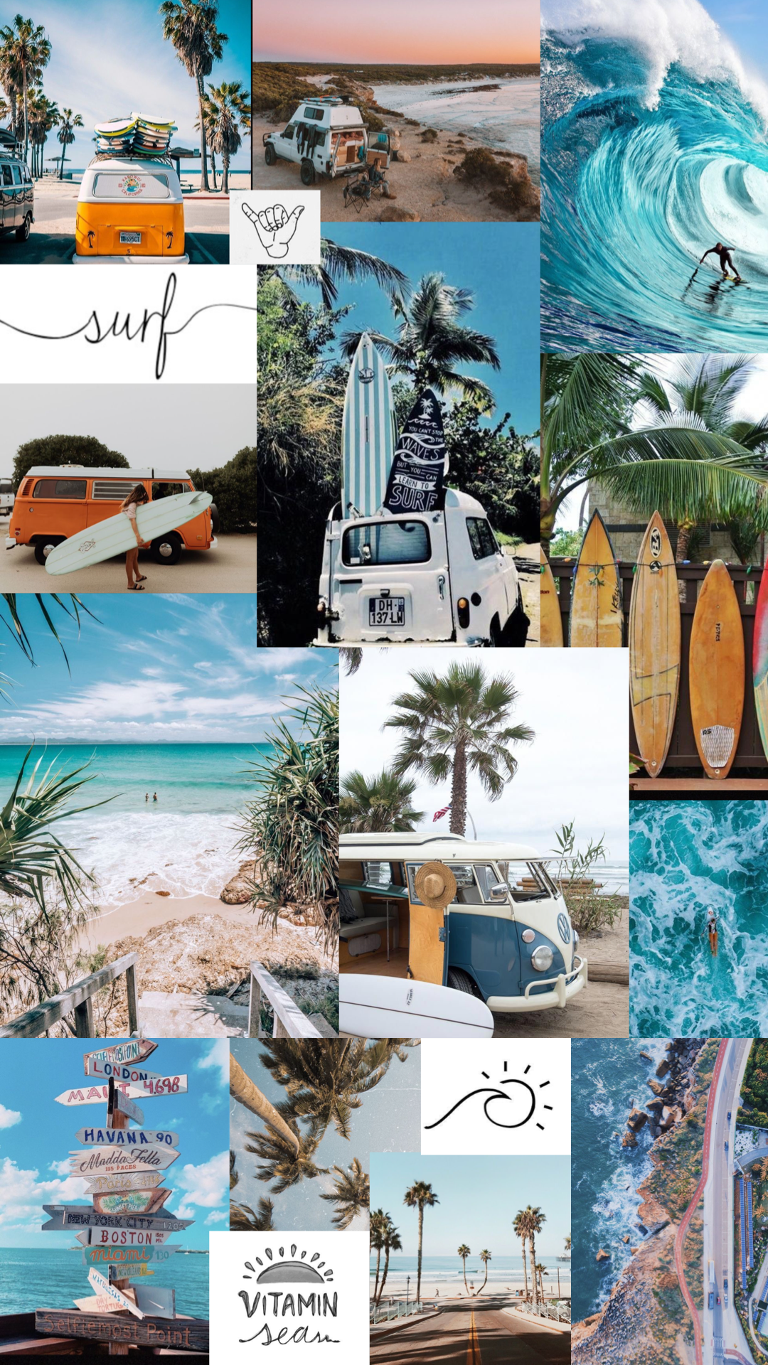 Collage, Surfbretter, Palmen, Wellen, Schwarzweiß, Full HD, Handy-Hintergrund im Hochformat