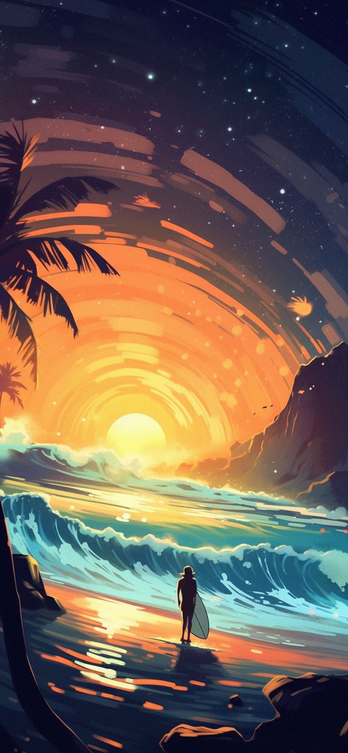 Surfer, Sonnenuntergang, Welle, Palmen, Illustration, Full HD, Sperrbildschirm fürs iPhone