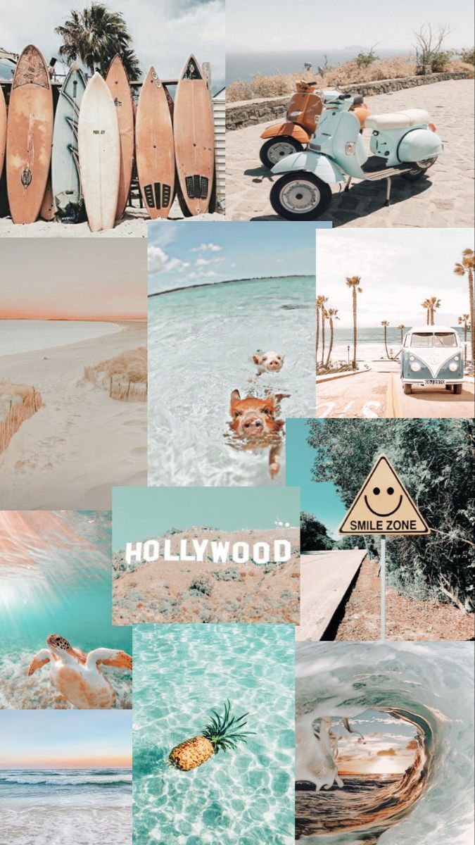 Collage, Hollywood, Surfbretter, Pastellfarben, Strand, Hintergrundbild für iPhone und Android