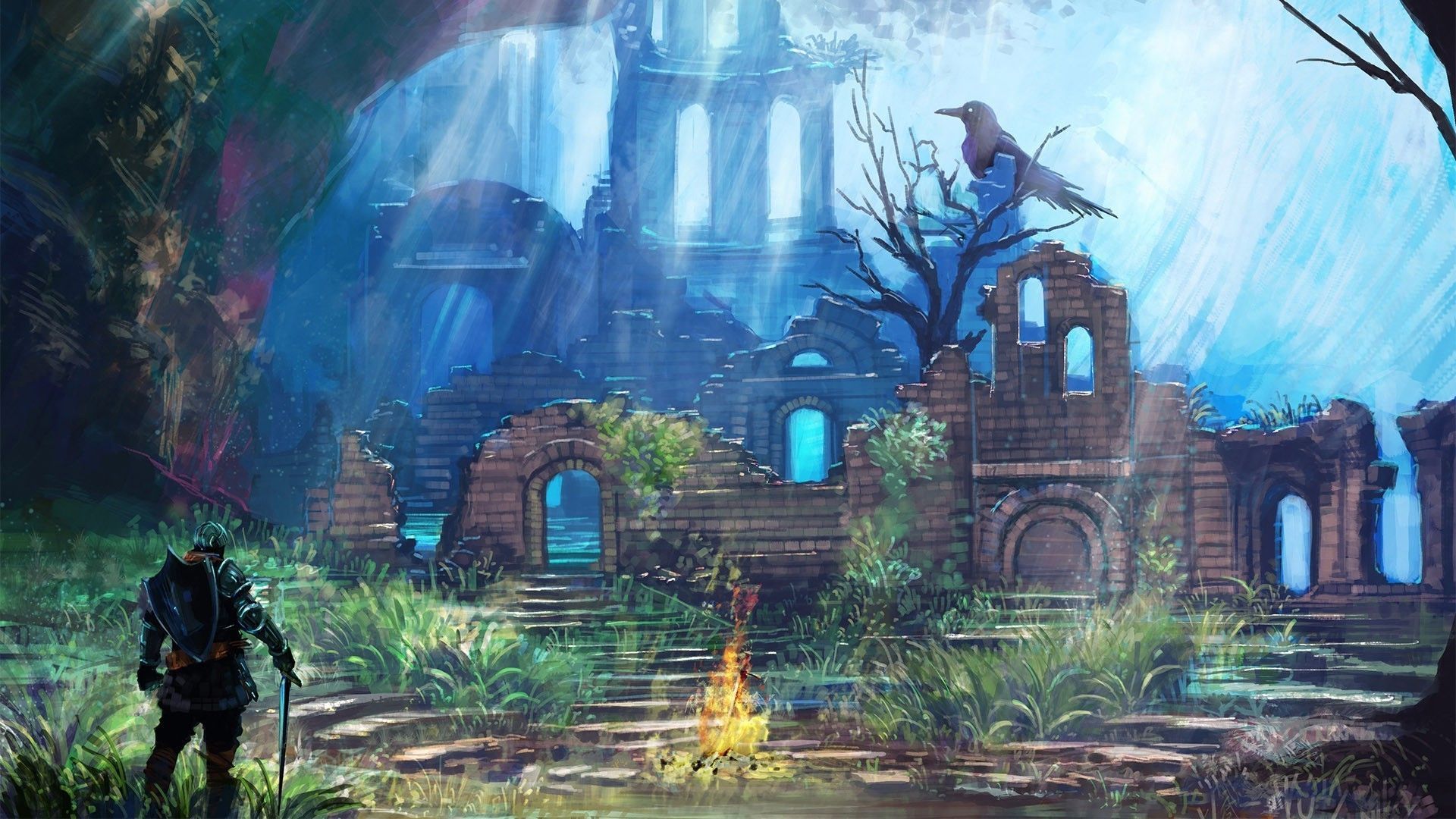 Dark Souls III, Feuerband-Schrein, Leuchtfeuer, Ruine, Rabe, Fantasy-Kunst, Full-HD-Hintergrundbild für PC