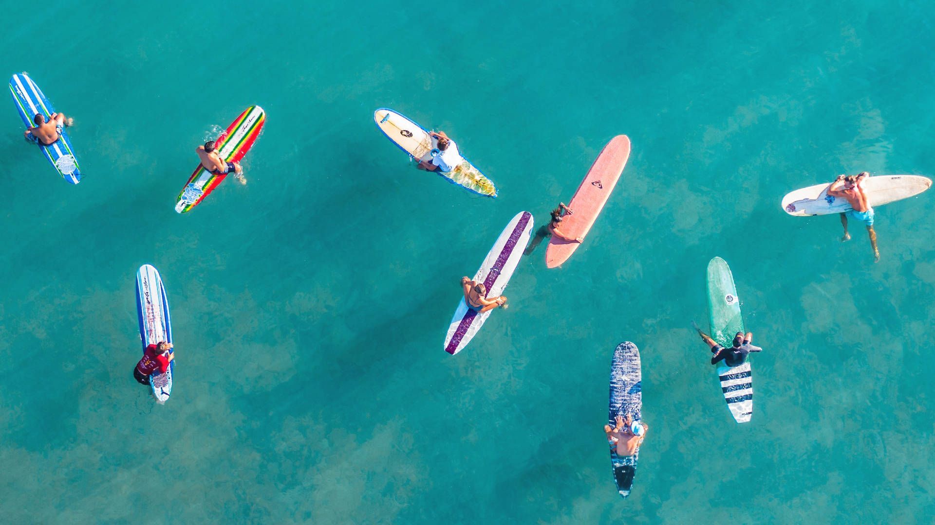 Surfer, Surfbretter, Draufsicht, Türkises Wasser, Bunt, 16:9, Full-HD-Hintergrundbild für den Desktop