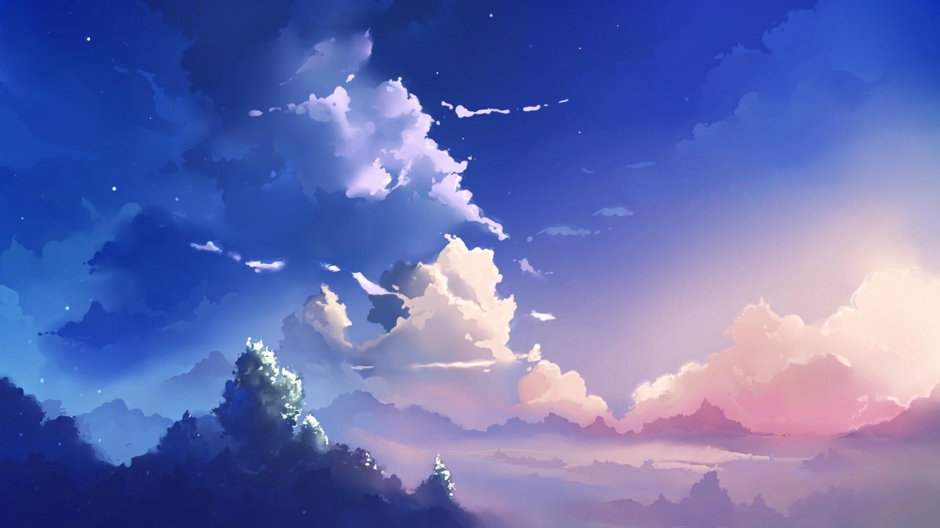 Wolkenhimmel, Anime-Stil, Blauer Himmel, Wolken, Sterne, 1920x1080, Desktop-Hintergrund