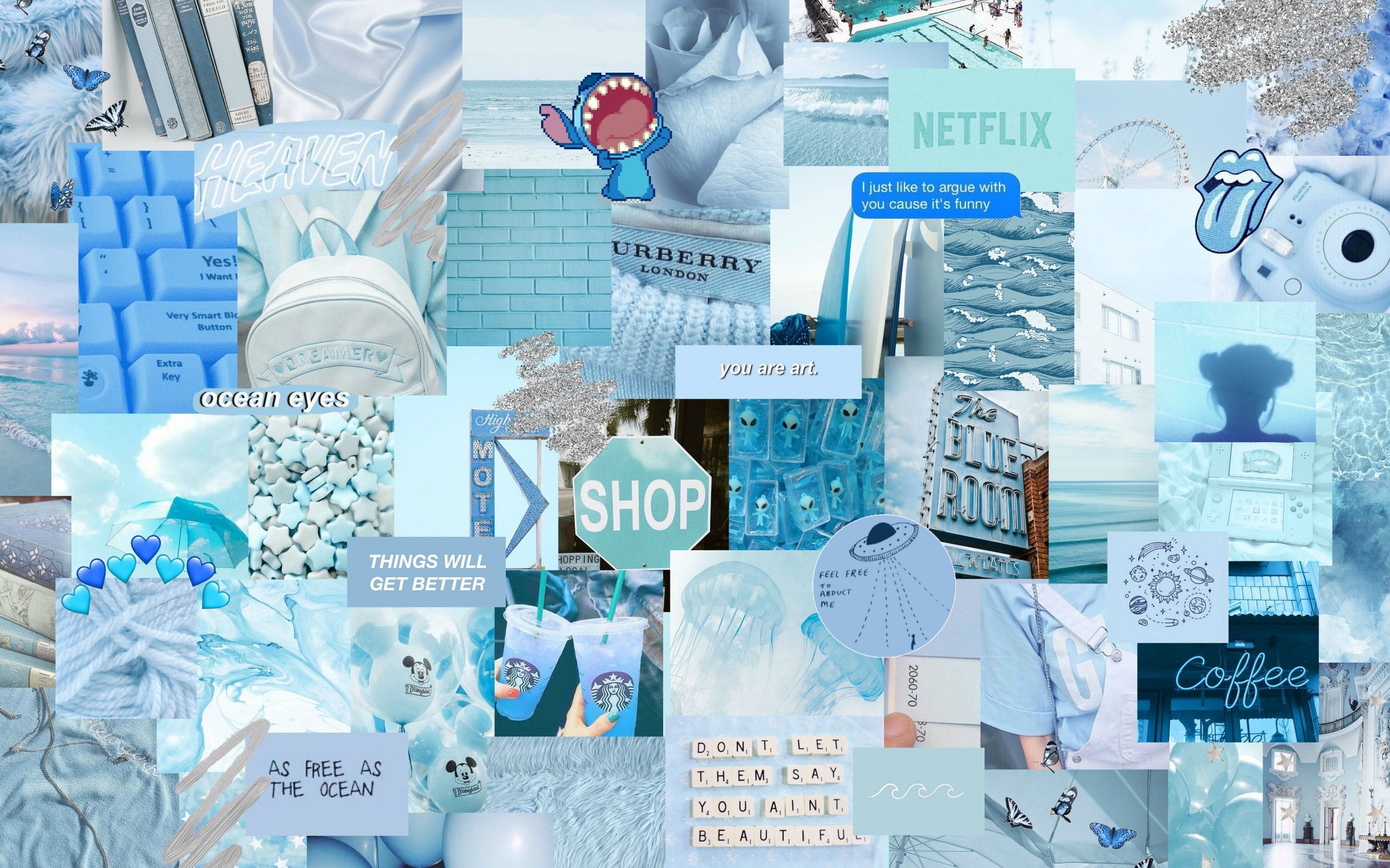 Collage, Netflix, Ästhetik, Kamera, Shop, Blautöne, 16:10, 2K-Hintergrundbild für den Desktop