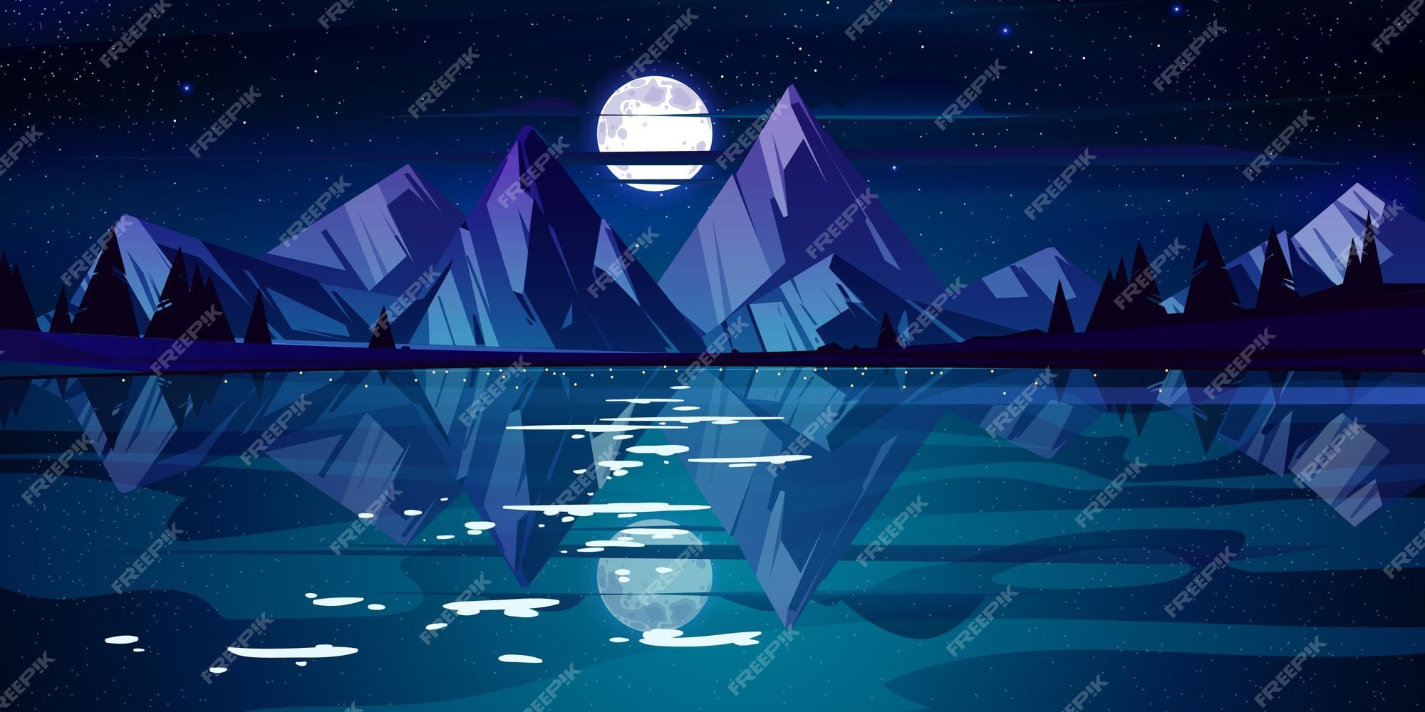 Berge, Vollmond, Low Poly, See, Spiegelung, Nacht, Full HD, Desktop-Hintergrund für Windows