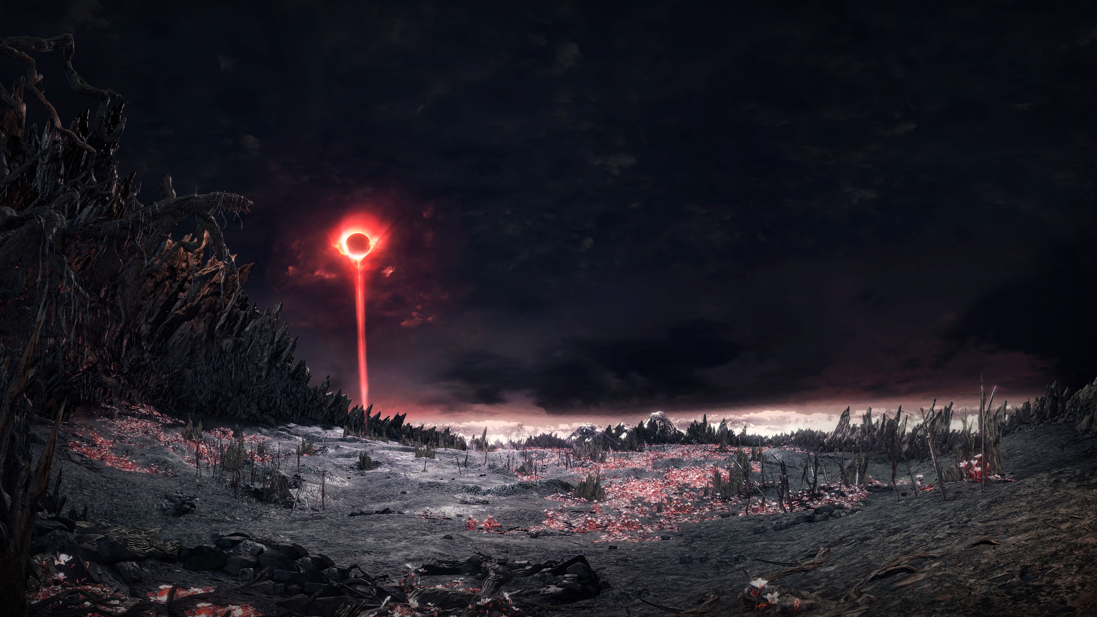 Dark Souls, Dunkles Zeichen, Rote Sonne, Ödland, Nacht, 4K, Desktop-Hintergrund für Windows