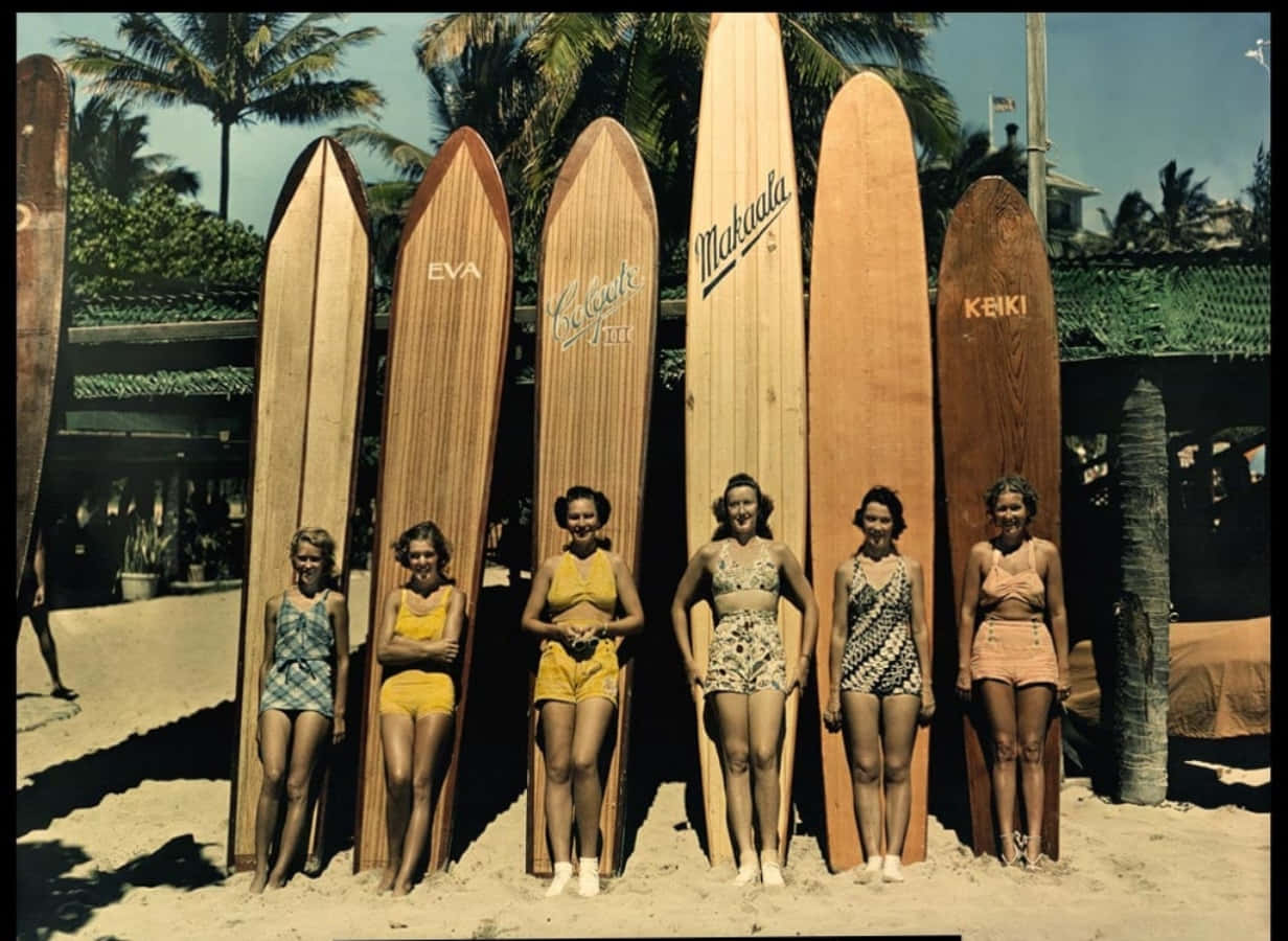 Vintage, Surferinnen, Holzsurfbretter, Retro, Palmen, Hintergrundbild