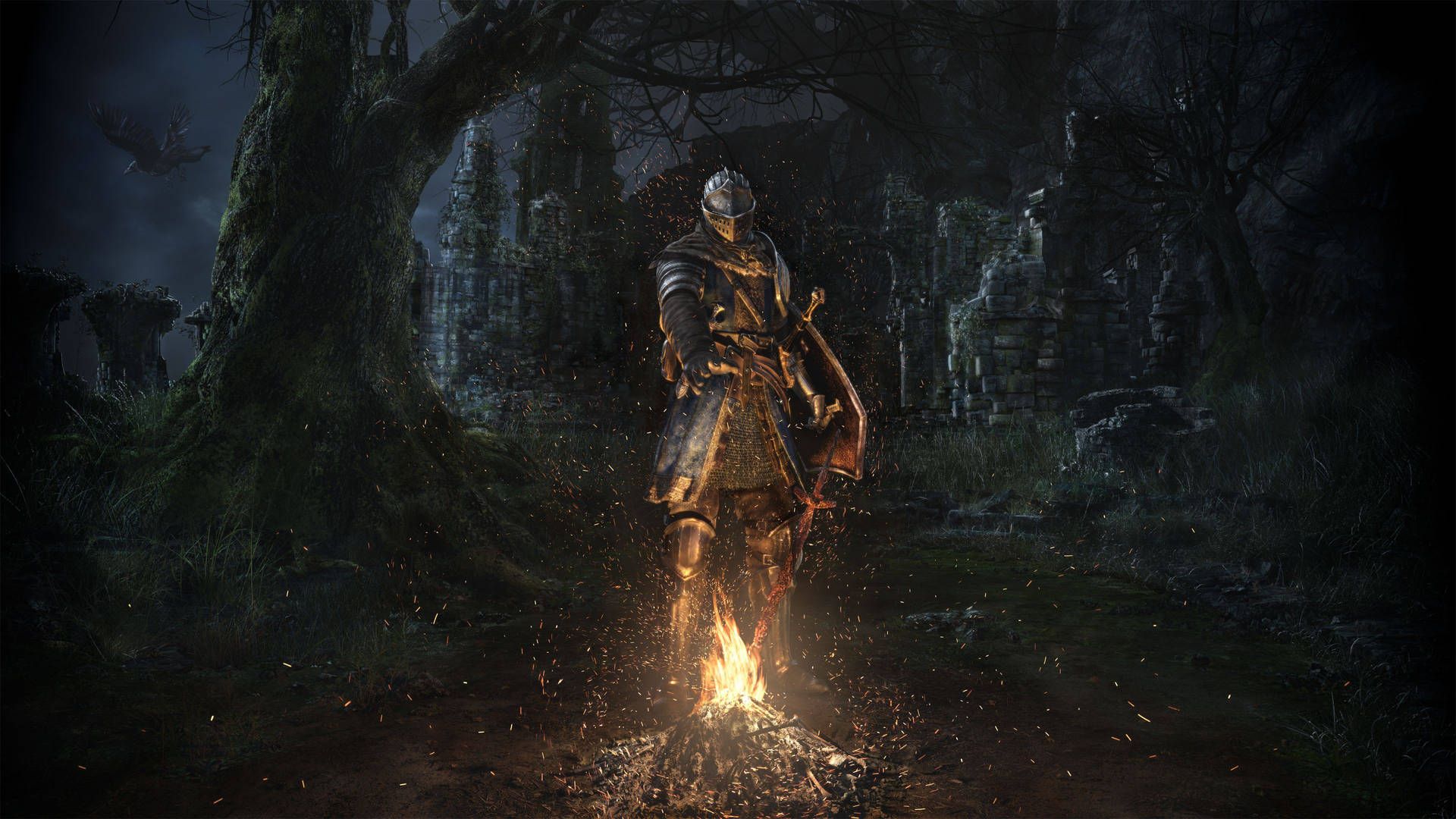 Dark Souls, Ritter, Leuchtfeuer, Wald, Düster, Full HD 1080p, Desktop-Hintergrundbild