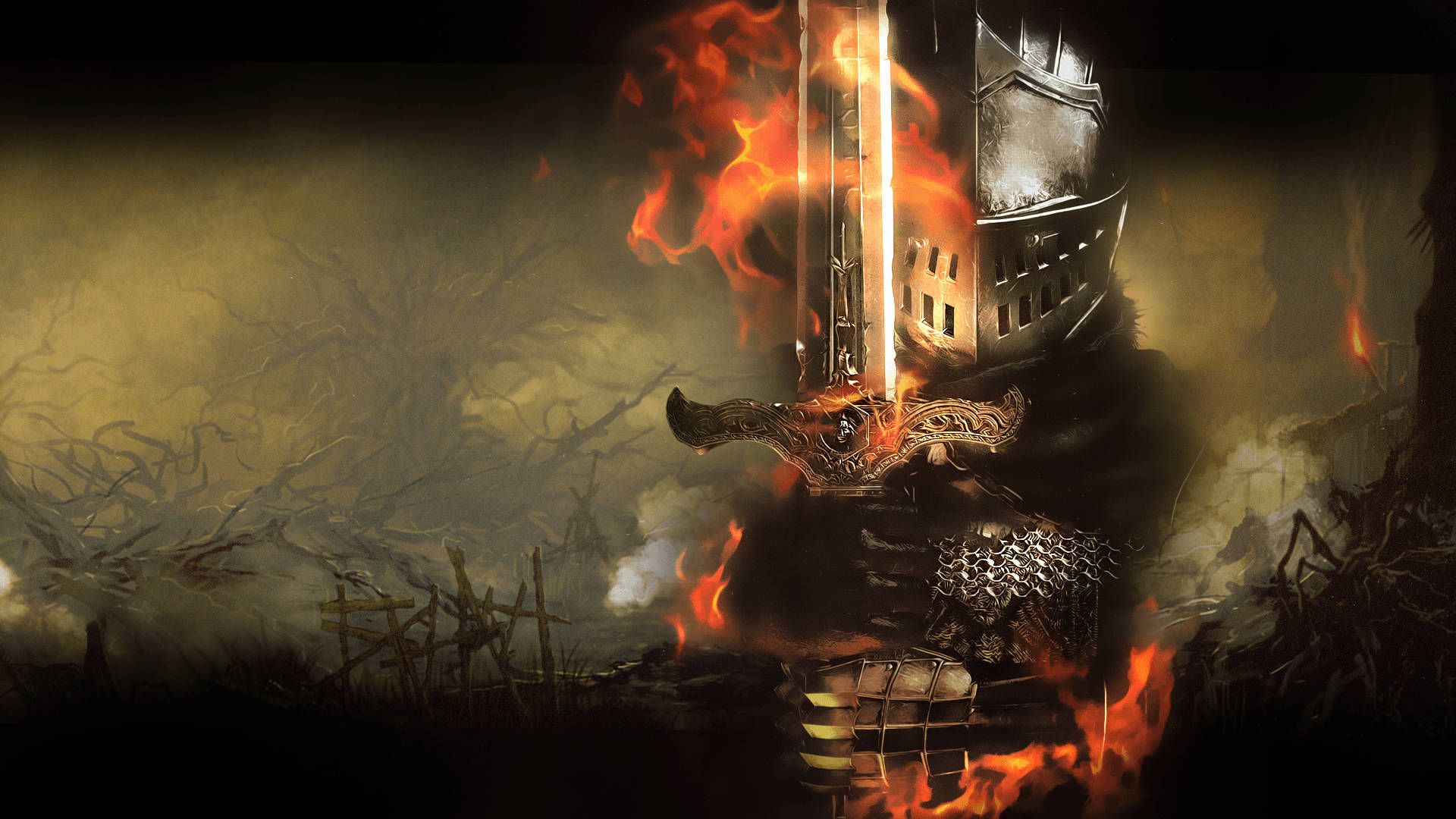 Dark Souls III, Brennender Ritter, Flammen, Schwert, Helm, Full HD, Windows-Hintergrundbild