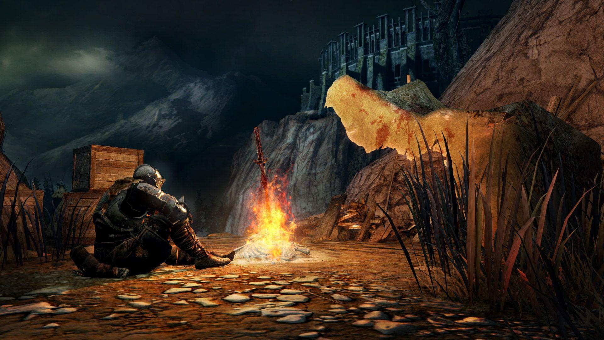Dark Souls III, Leuchtfeuer, Ruhender Ritter, Felsen, Nacht, 1920x1080, PC-Hintergrundbild