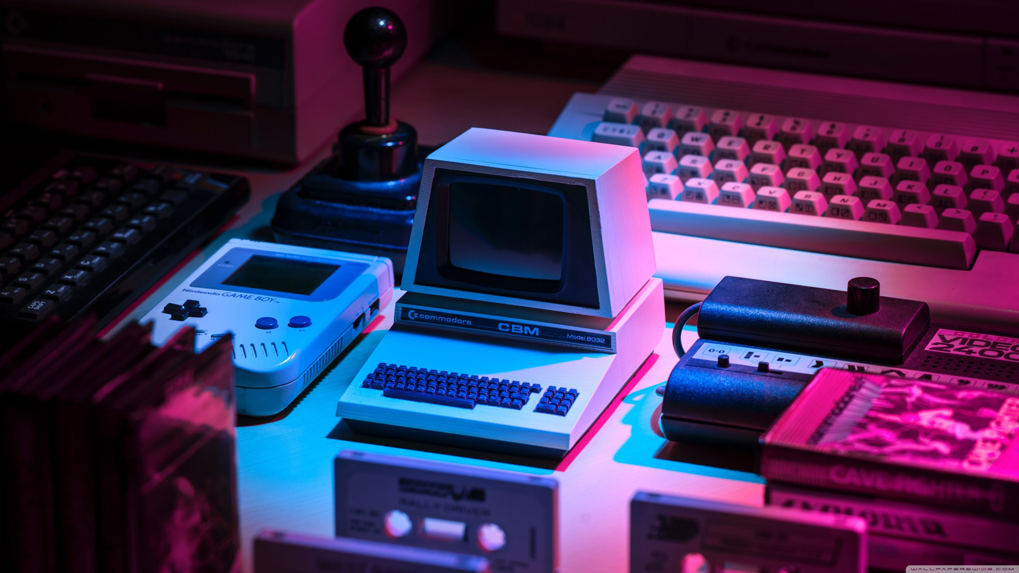 Retro-Computer, Game Boy, Spielkonsolen, Joystick, Neonlicht, Retro, 2K, Breitbild-Hintergrundbild