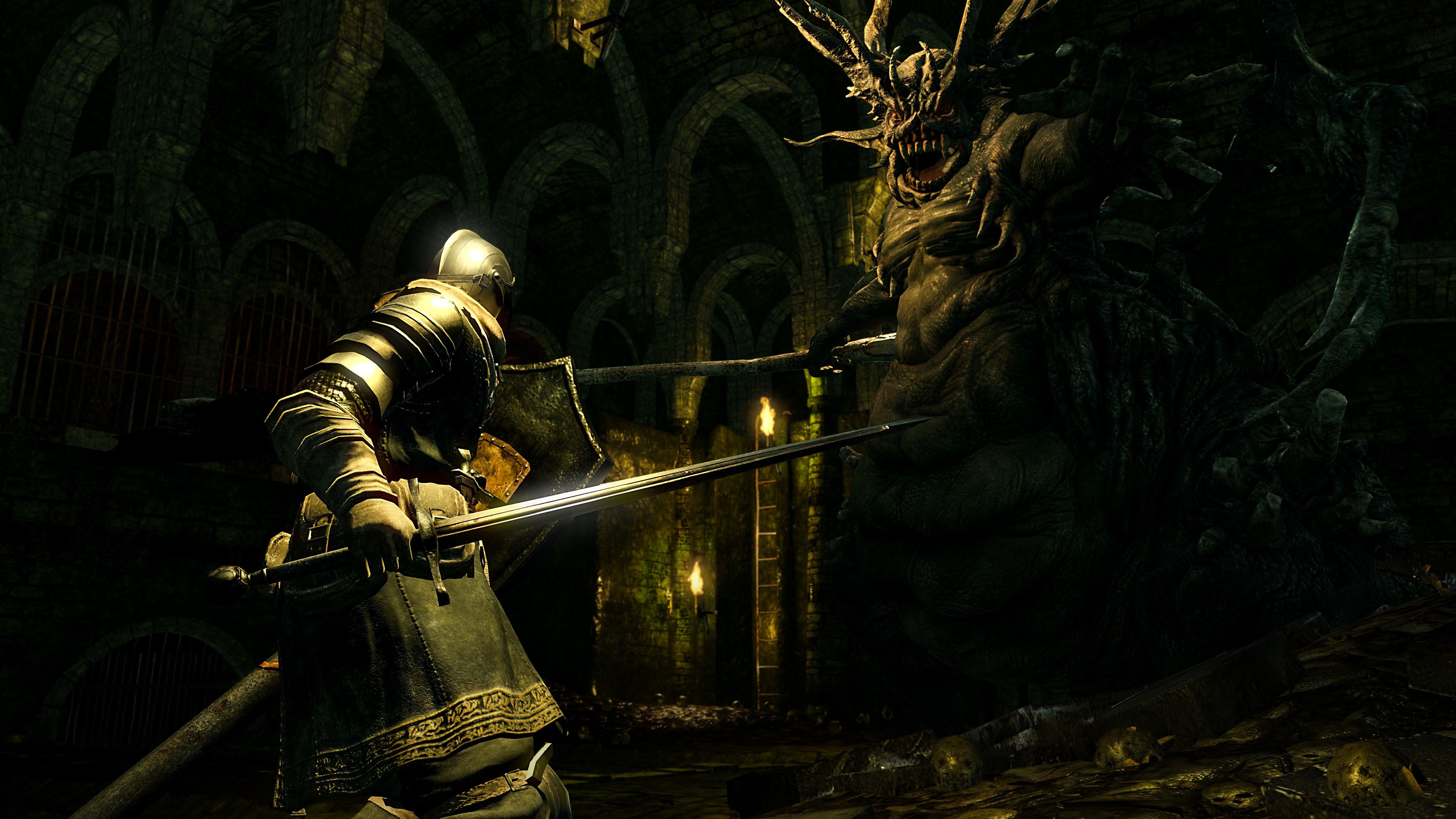Dark Souls, Ritter, Gotisches Gewölbe, Schwert, Dunkel, 3840x2160, 4K-Hintergrundbild für PC