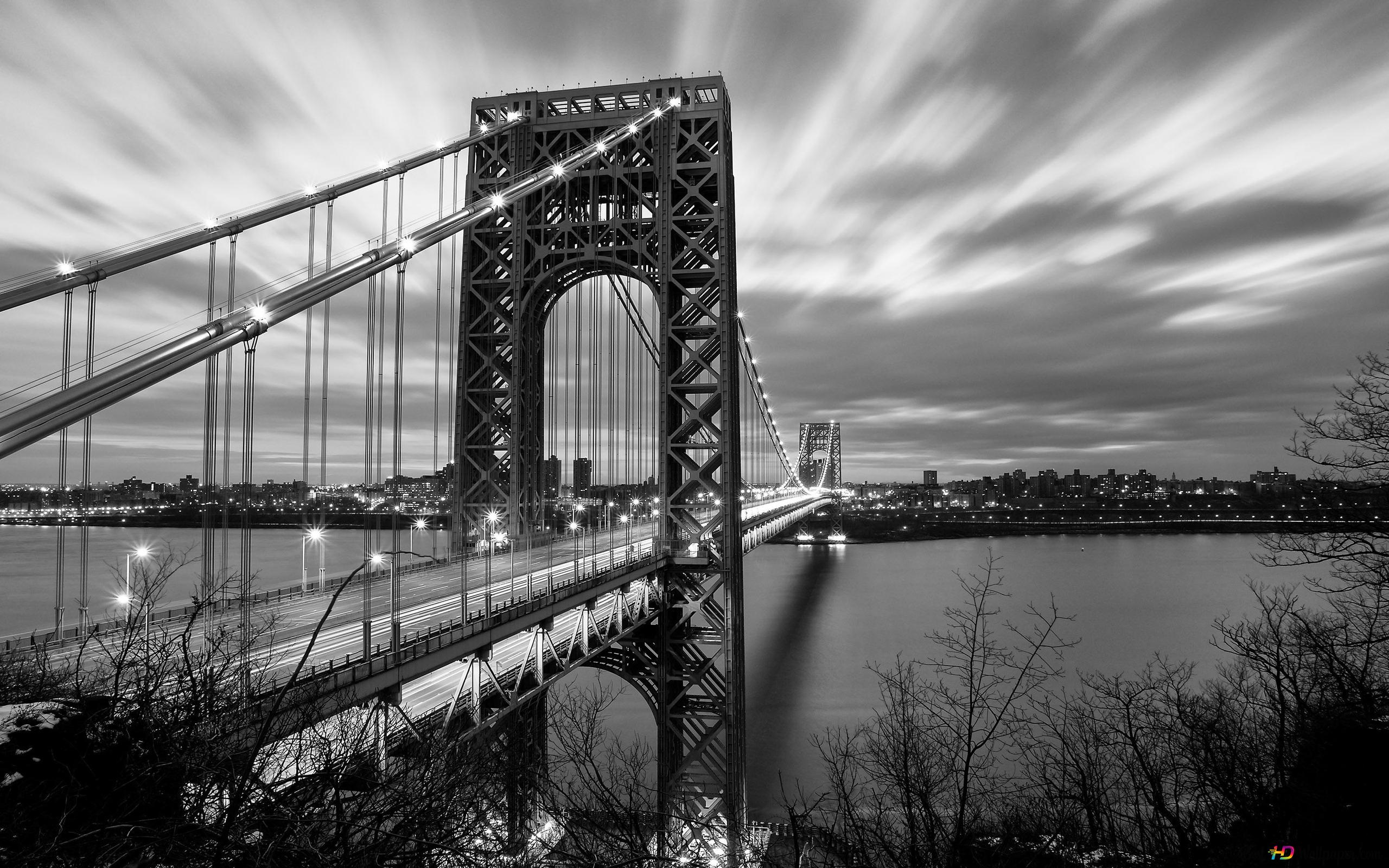 George Washington Bridge, Hängebrücke, New York City, Schwarzweiß, Langzeitbelichtung, 2K Wallpaper