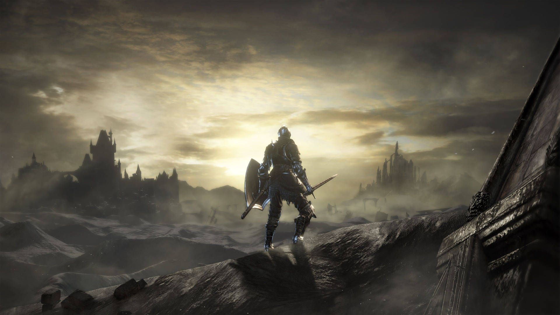 Dark Souls III, Ritter, Schild, Ödland, Wolkenhimmel, 1920x1080, Full-HD-Hintergrundbild für PC
