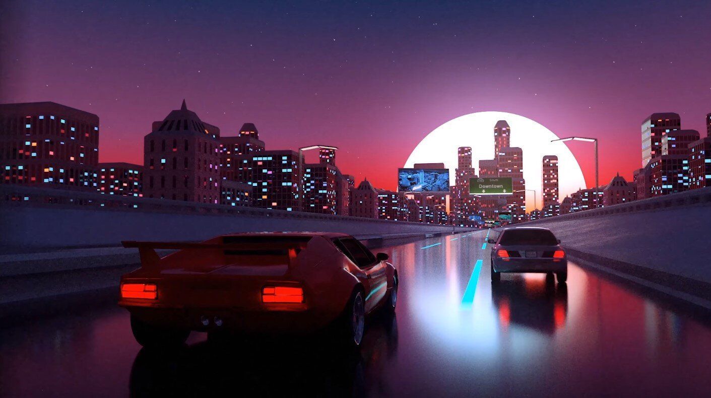 Sportwagen, Autobahn, Skyline, Sonnenuntergang, Retrowave, HD, Breitbild-Hintergrundbild