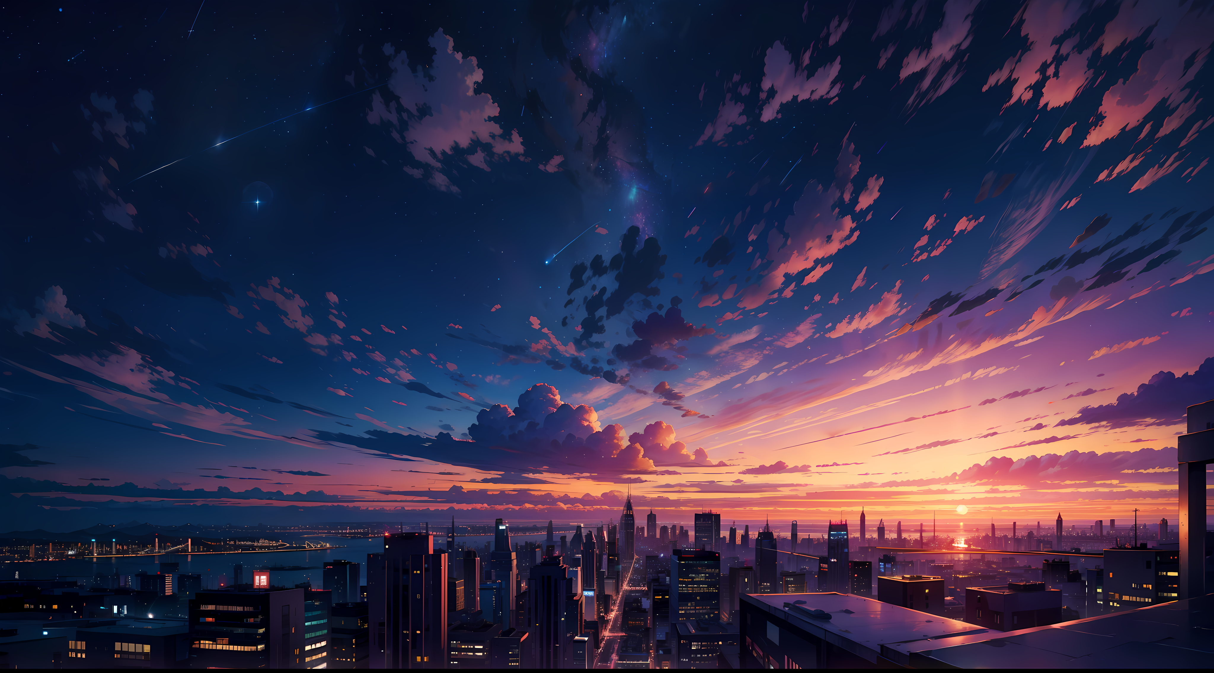 Sonnenuntergang, Stadt, Wolkenhimmel, Anime-Stil, Abend, 4K, PC-Hintergrundbild