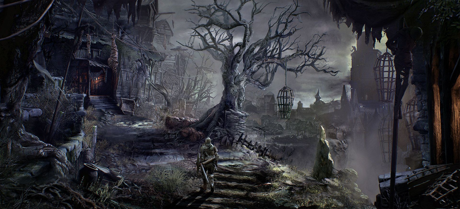 Dark Souls III, Toter Baum, Ruinen, Düster, Fantasy-Landschaft, Full HD, Laptop-Hintergrundbild