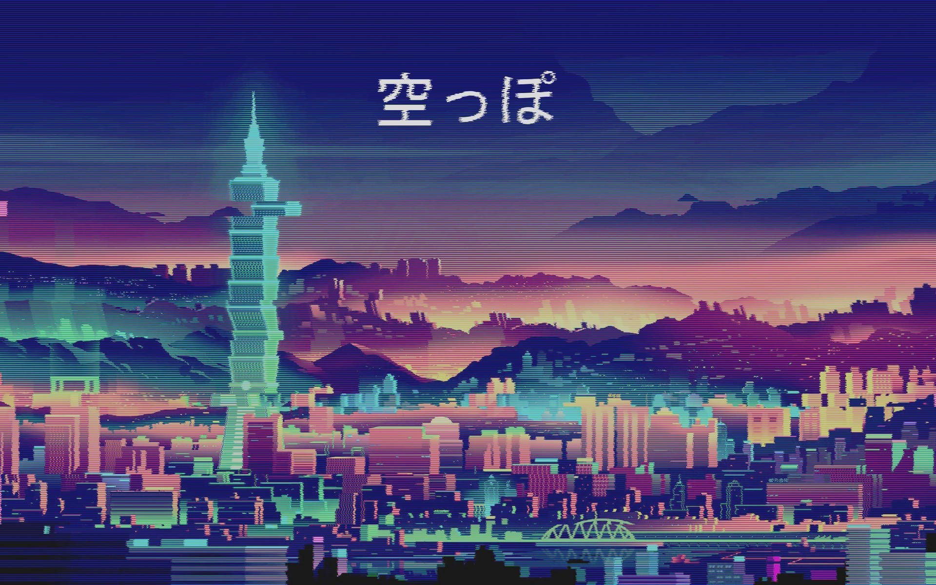 Taipei 101, Taipeh, Taiwan, Pixelkunst, Skyline, Japanische Schrift, Full HD, MacBook-Hintergrundbild