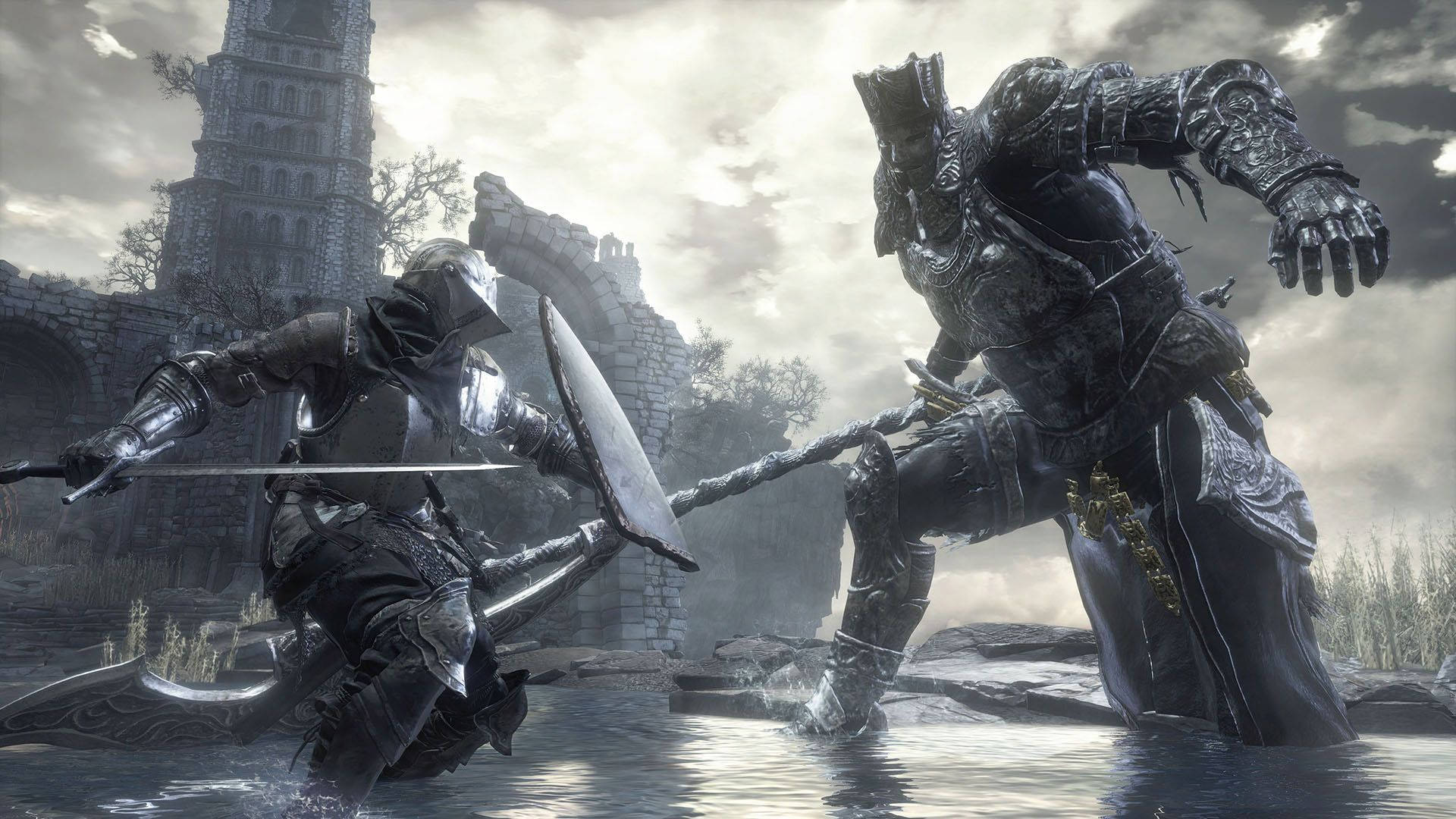Dark Souls III, Riesenritter, Kampf, Turm, Wasser, Full HD, Desktop-Hintergrund für Windows