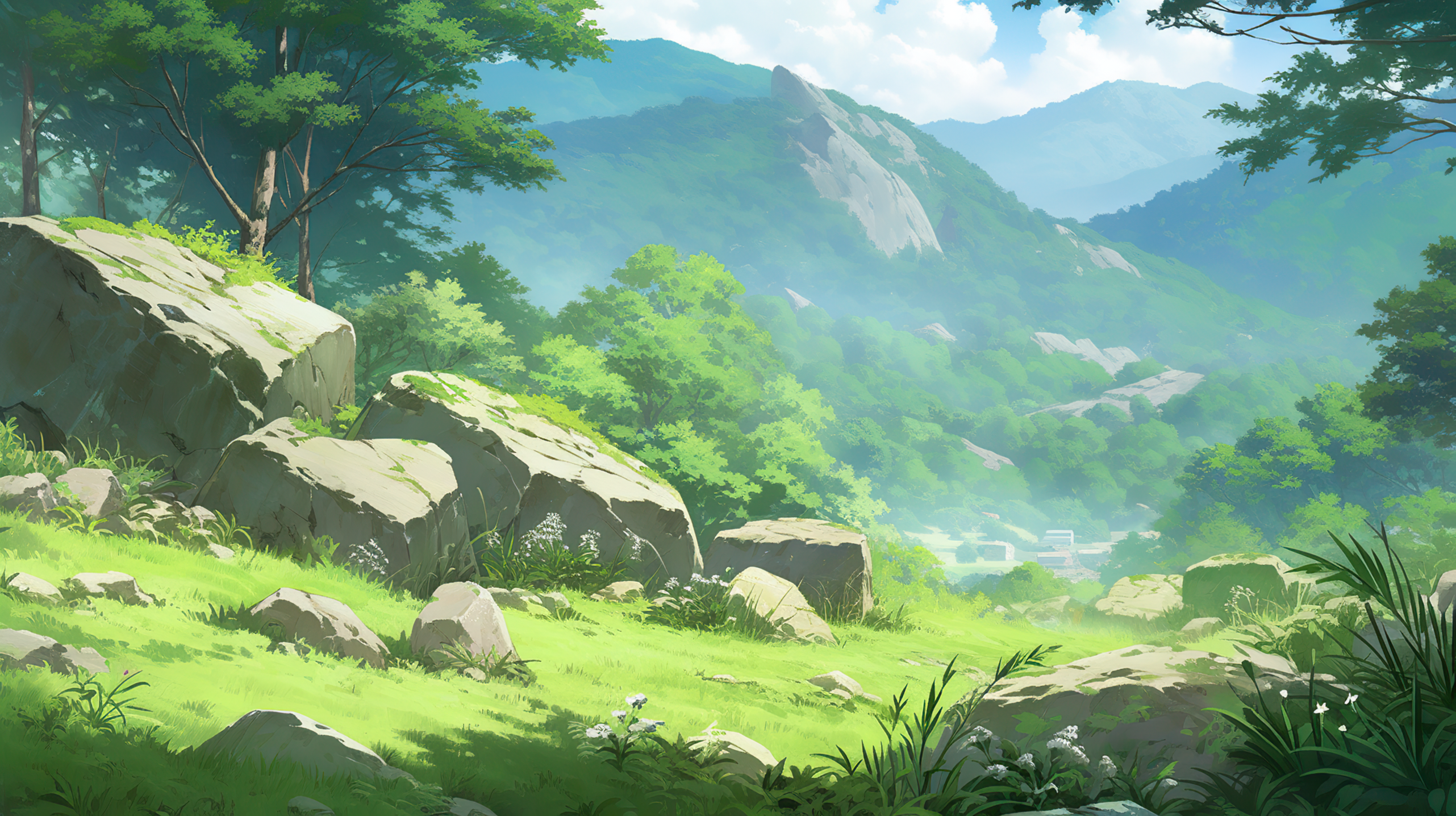 Berge, Wald, Felsen, Anime-Stil, Grüne Landschaft, 2K, Hintergrundbild für den PC