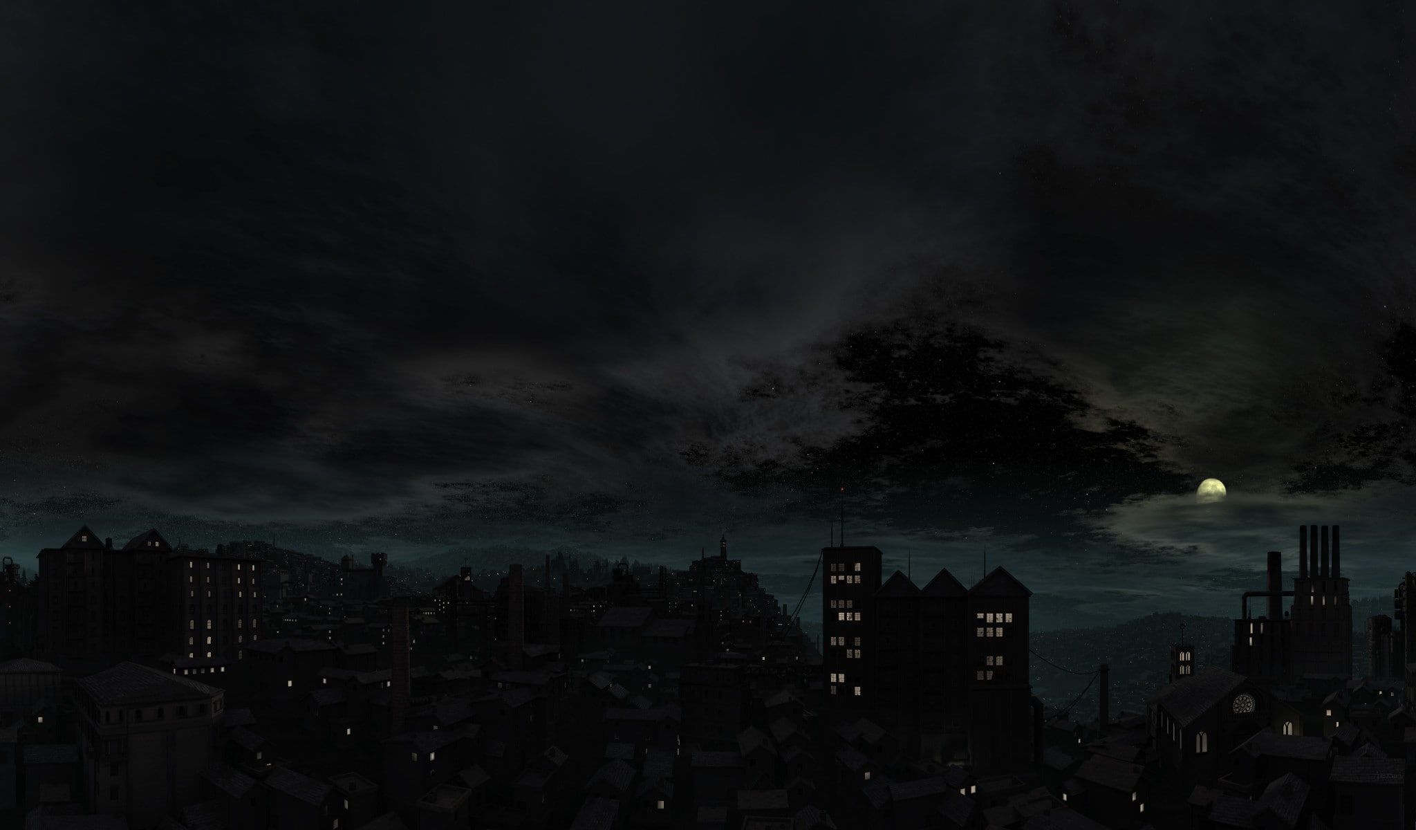 Stadt bei Nacht, Silhouette, Dunkel, Mond, Wolken, Full HD, Desktop-Hintergrund für Windows