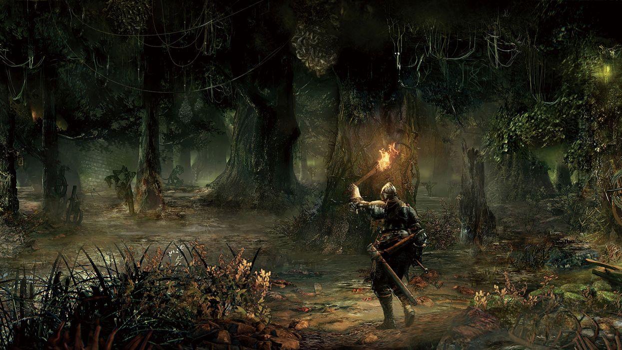 Dark Souls III, Sumpfwald, Fackel, Ritter, Düster, Hintergrundbild