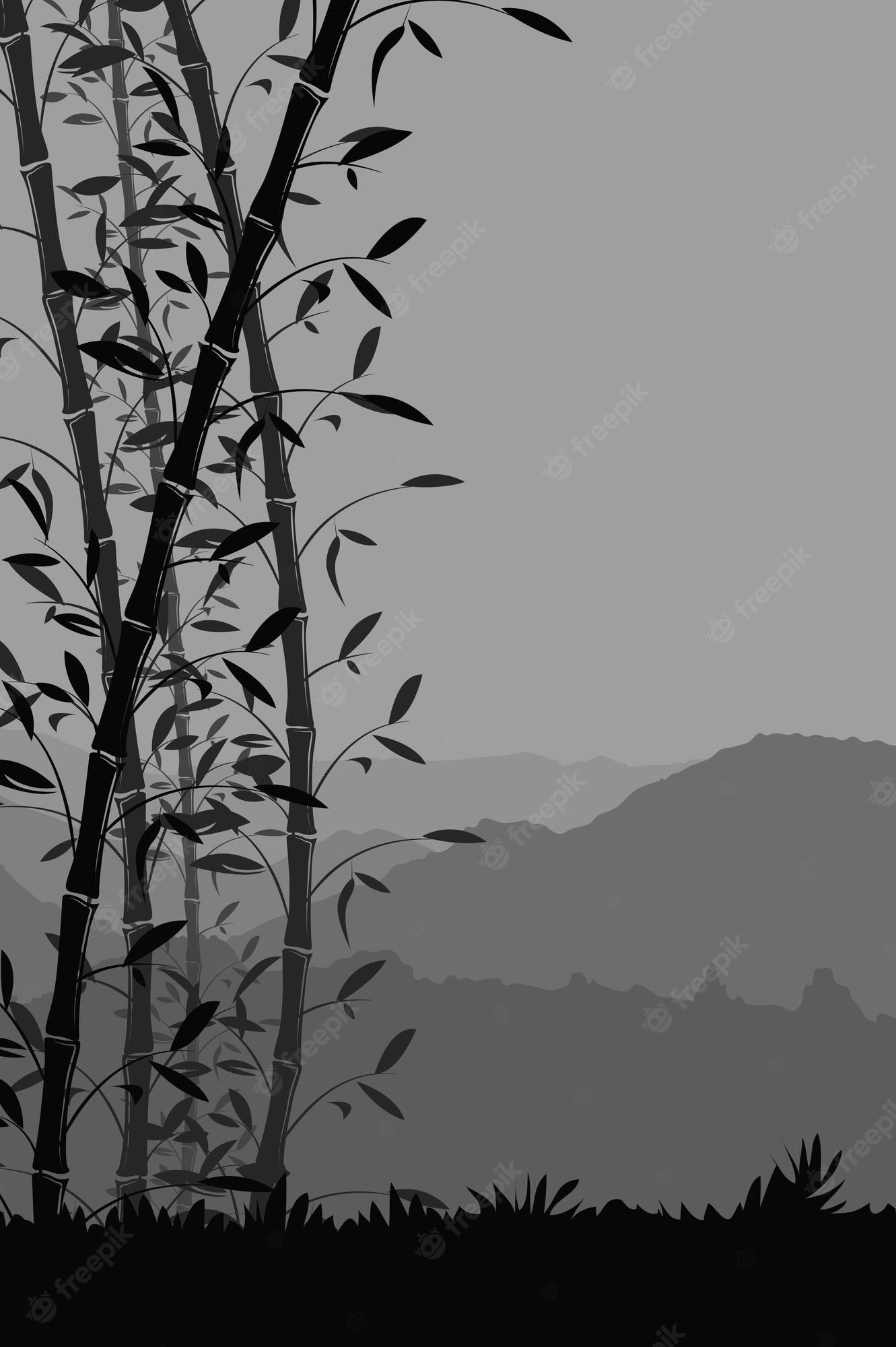 Bambus, Silhouette, Berge, Grautöne, Nebel, Full HD, Handy-Hintergrund im Hochformat