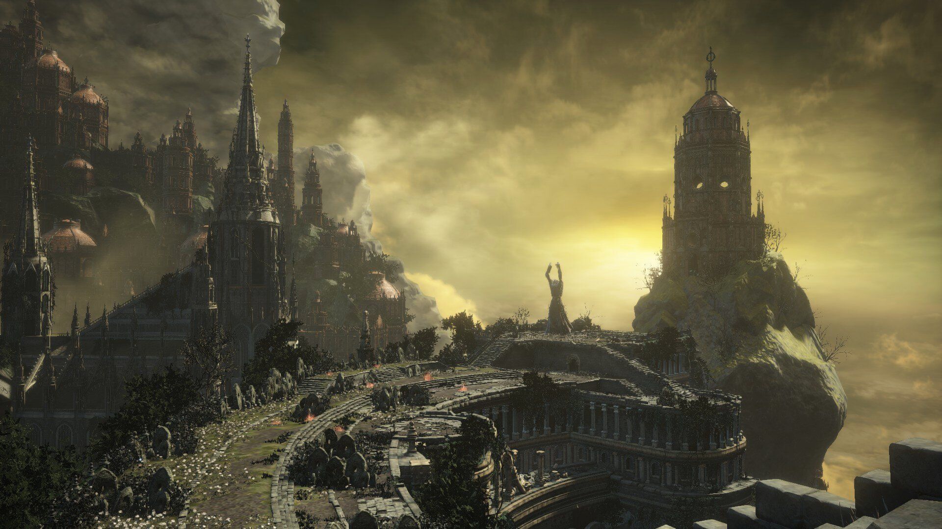 Dark Souls III, Gotische Burg, Kathedrale, Gelber Dunst, Panorama, Full HD, Breitbild-Hintergrundbild