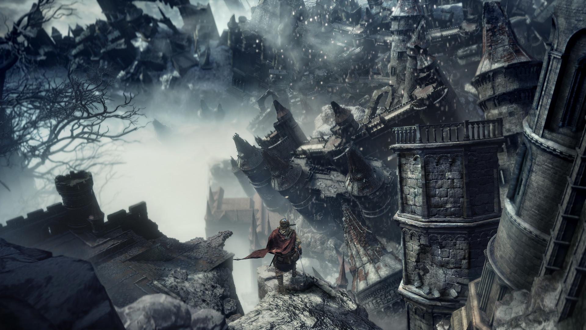 Dark Souls III, Zerfallene Stadt, Ruinen, Ritter, Nebel, Full HD, Desktop-Hintergrund