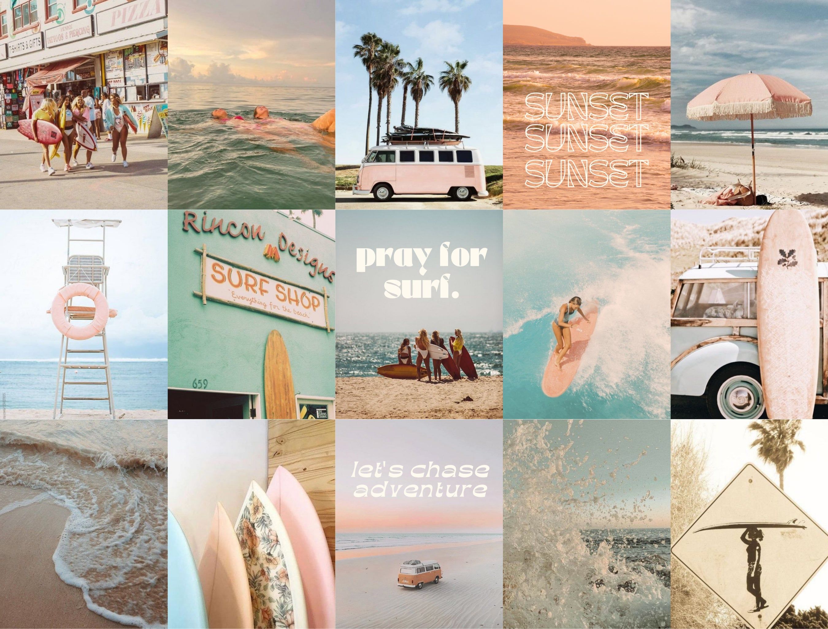 Collage, VW Bulli, Pray for Surf, Palmen, Pastellfarben, 2K, Tablet-Hintergrund