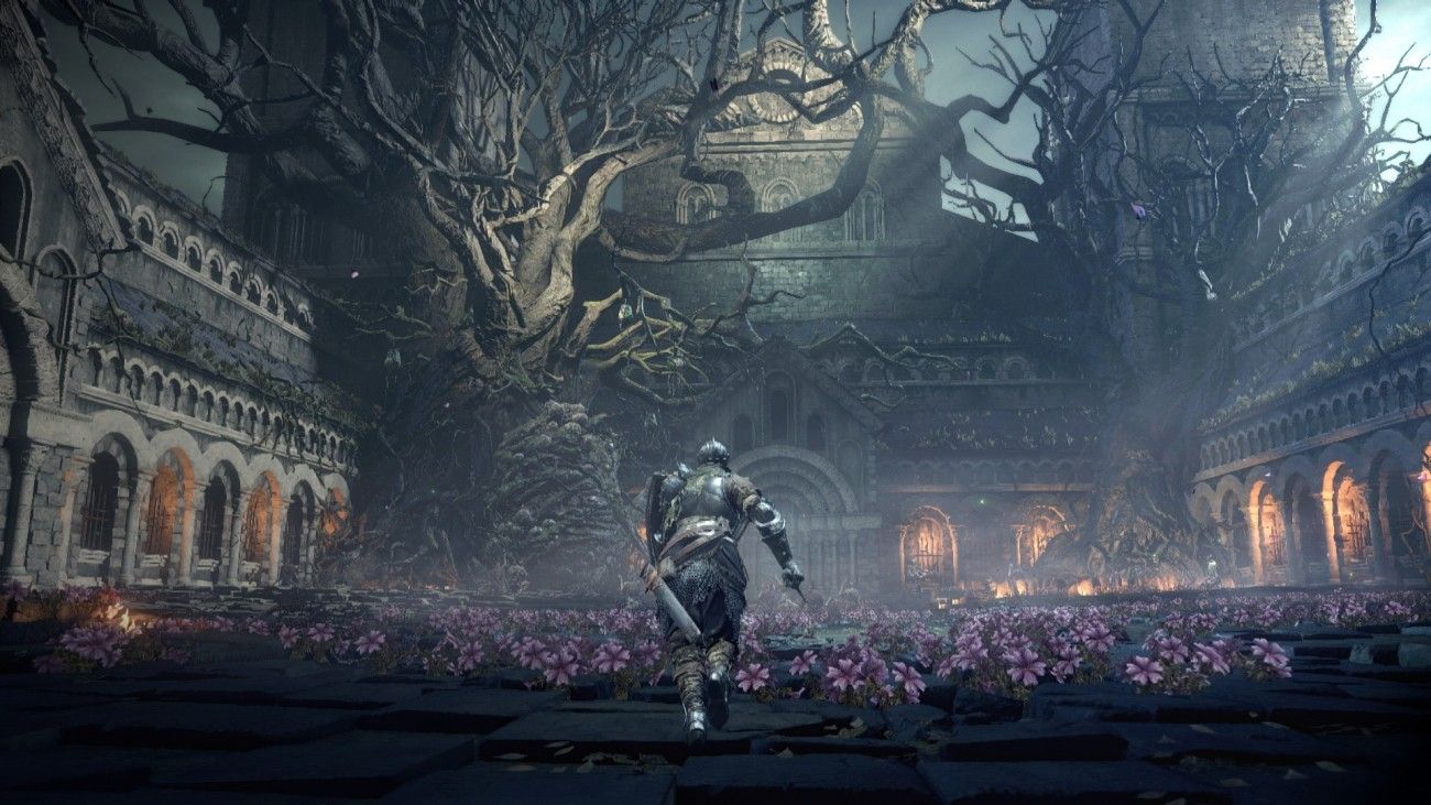Dark Souls III, Burghof, Uralter Baum, Ritter, Blumen, HD, Hintergrundbild für den PC