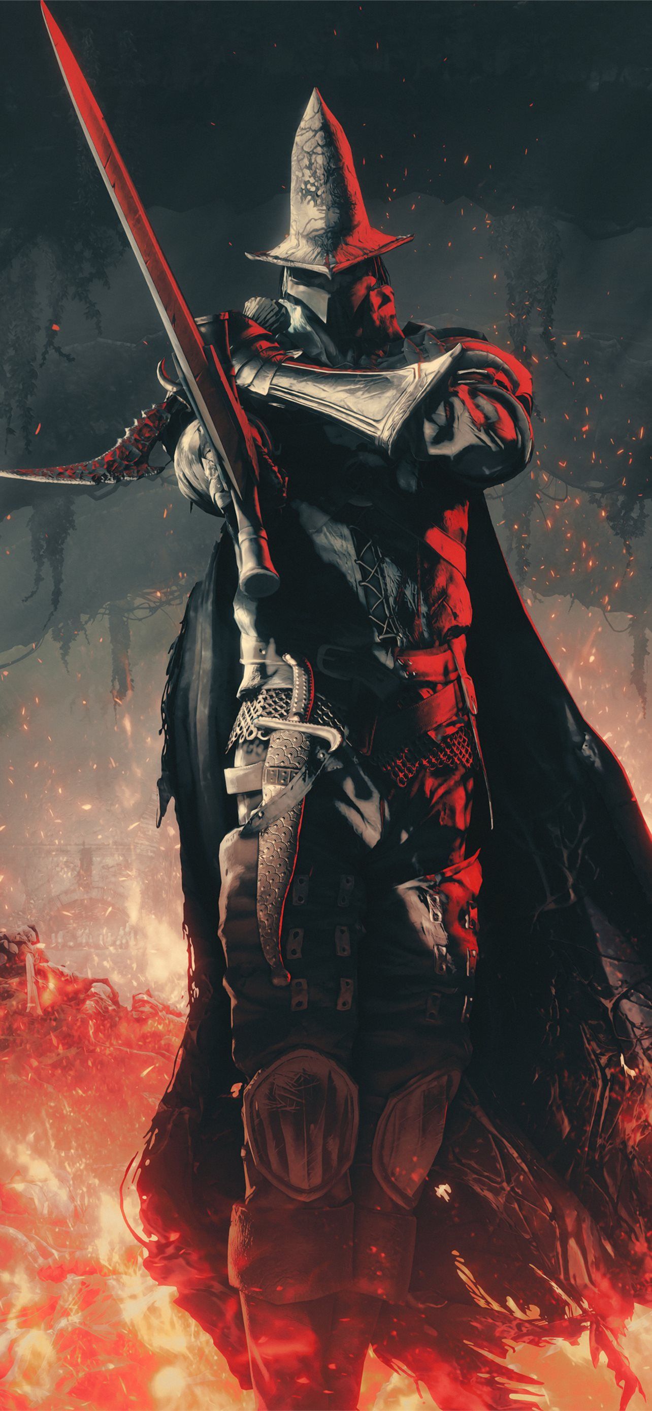 Dark Souls, Roter Umhang, Ritter, Speer, Glut, Full HD, Handy-Hintergrund im Hochformat
