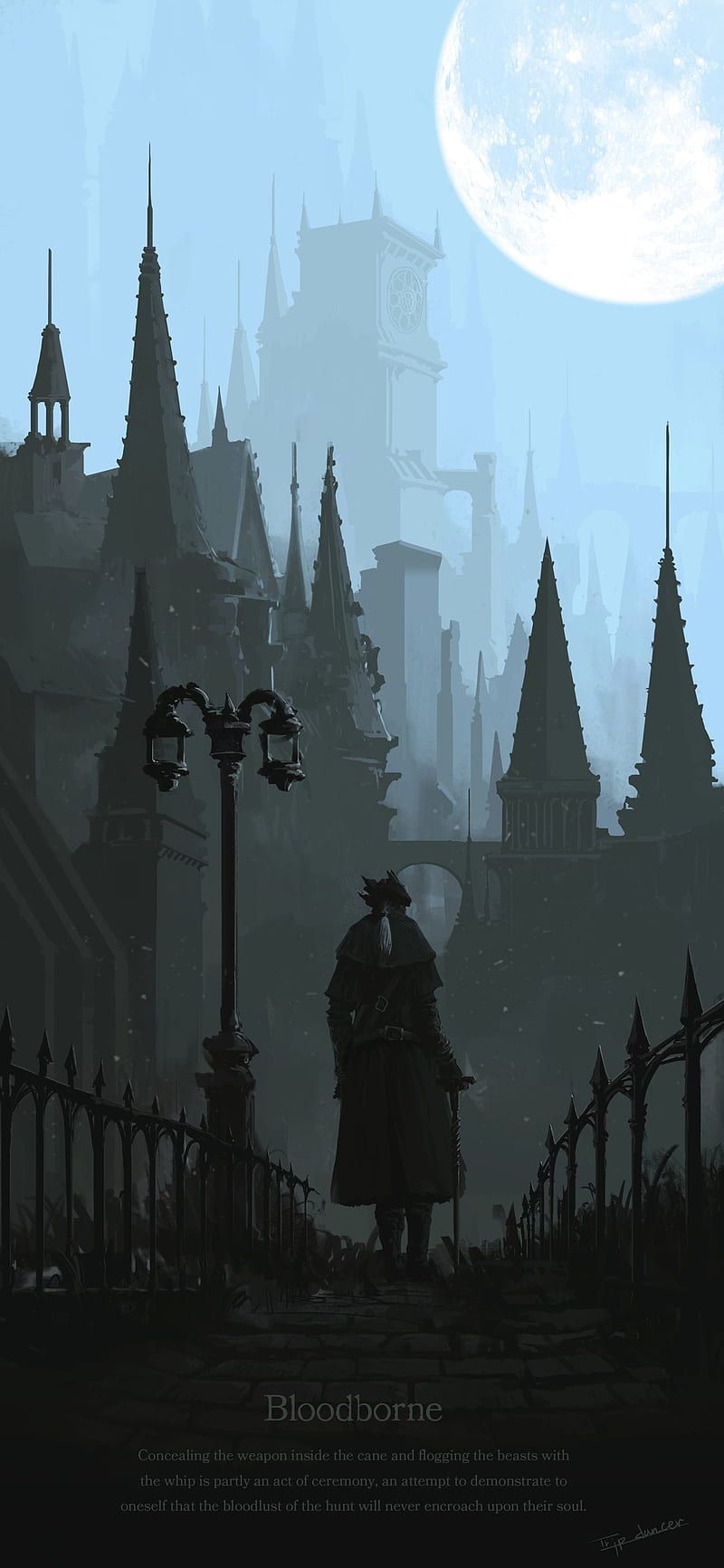 Dark Souls, Gotische Stadt, Vollmond, Laterne, Silhouette, Blau, HD, iPhone-Hintergrundbild