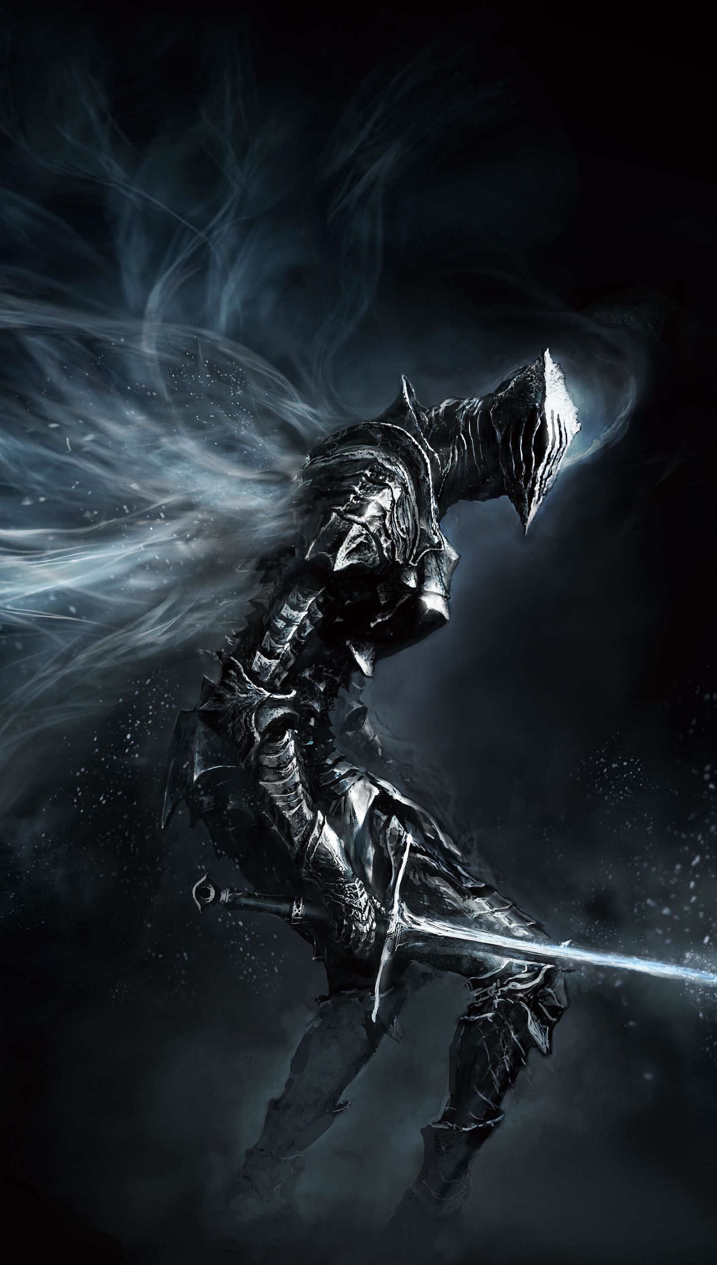 Dark Souls III, Ritter, Schwert, Nebel, Blaugrau, Hochformat, Hintergrundbild fürs Smartphone