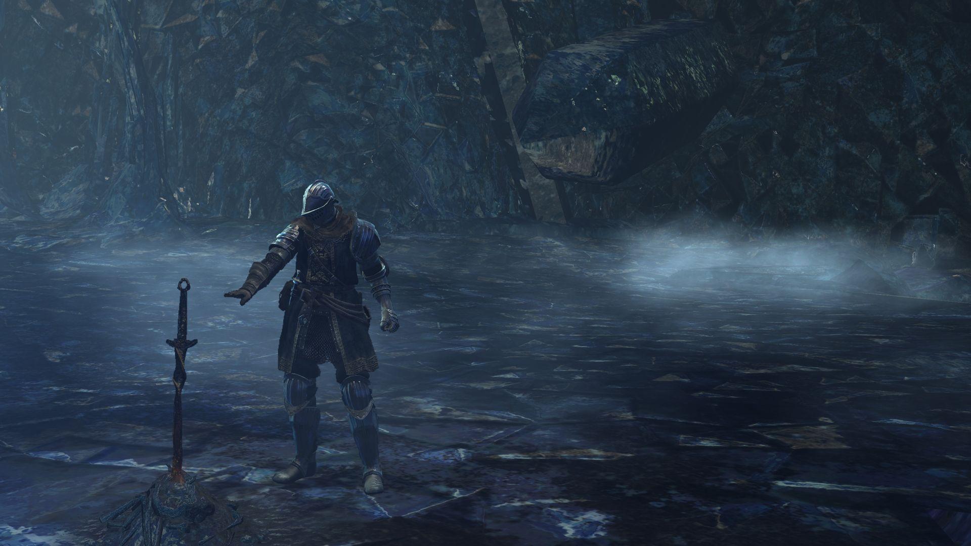 Dark Souls, Ritter, Wasser, Schwert im Boden, Nebel, 16:9, Full-HD-Hintergrundbild für den Desktop