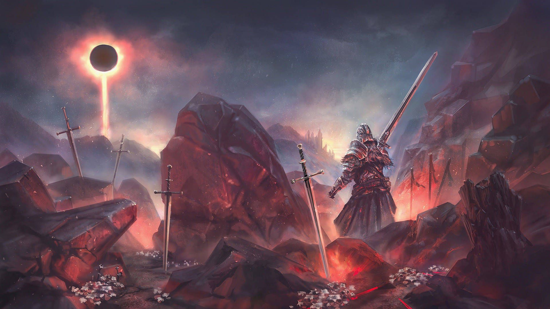 Dark Souls III, Die umringte Stadt, Dunkle Sonne, Schwerter, Rote Felsen, Full HD, Windows-Hintergrundbild