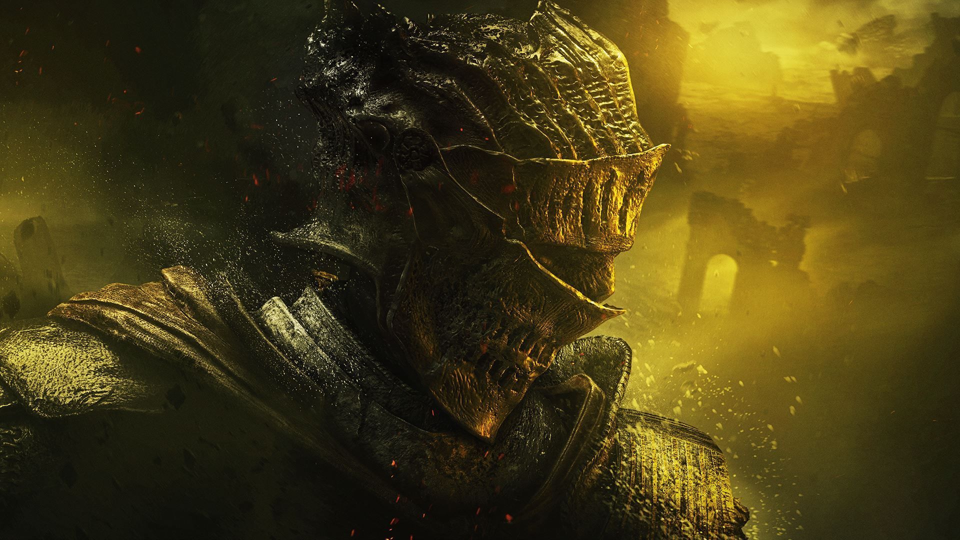 Dark Souls III, Seele der Asche, Helm, Gelber Dunst, Nahaufnahme, Full HD, Desktop-Hintergrund