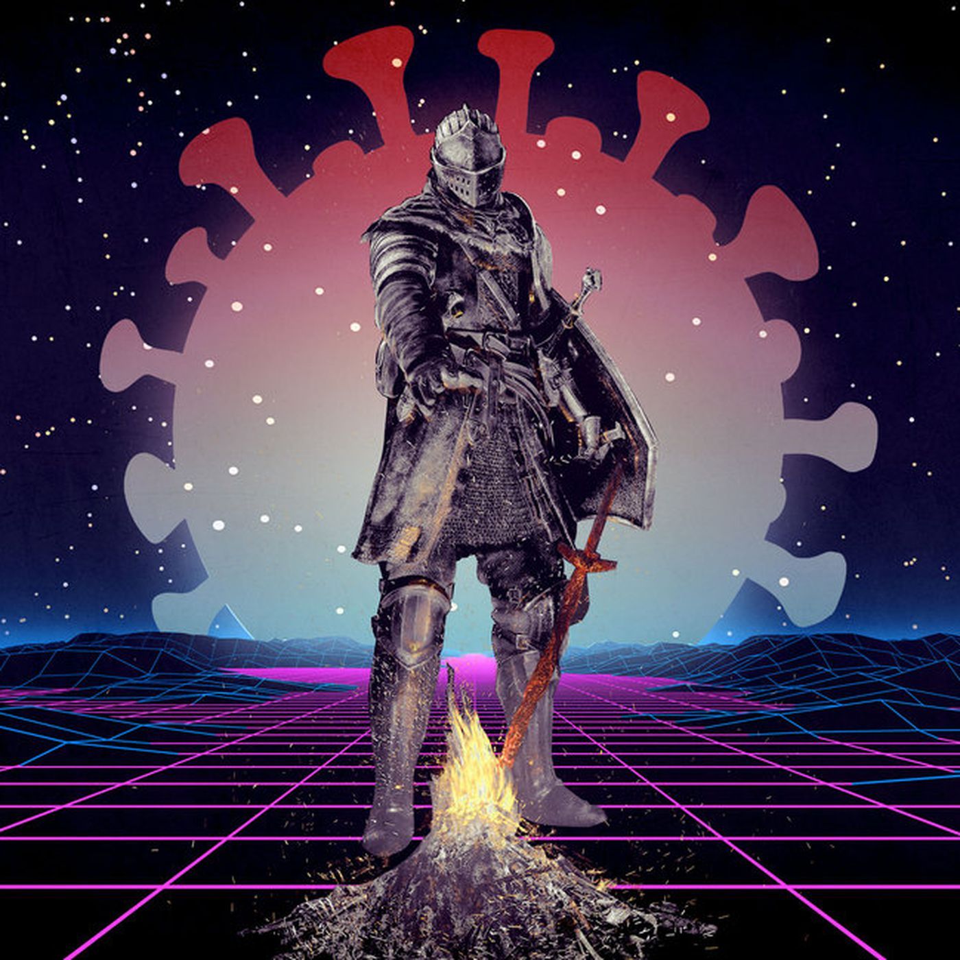 Dark Souls, Ritter, Synthwave, Neon-Raster, Leuchtfeuer, Hintergrundbild fürs iPad