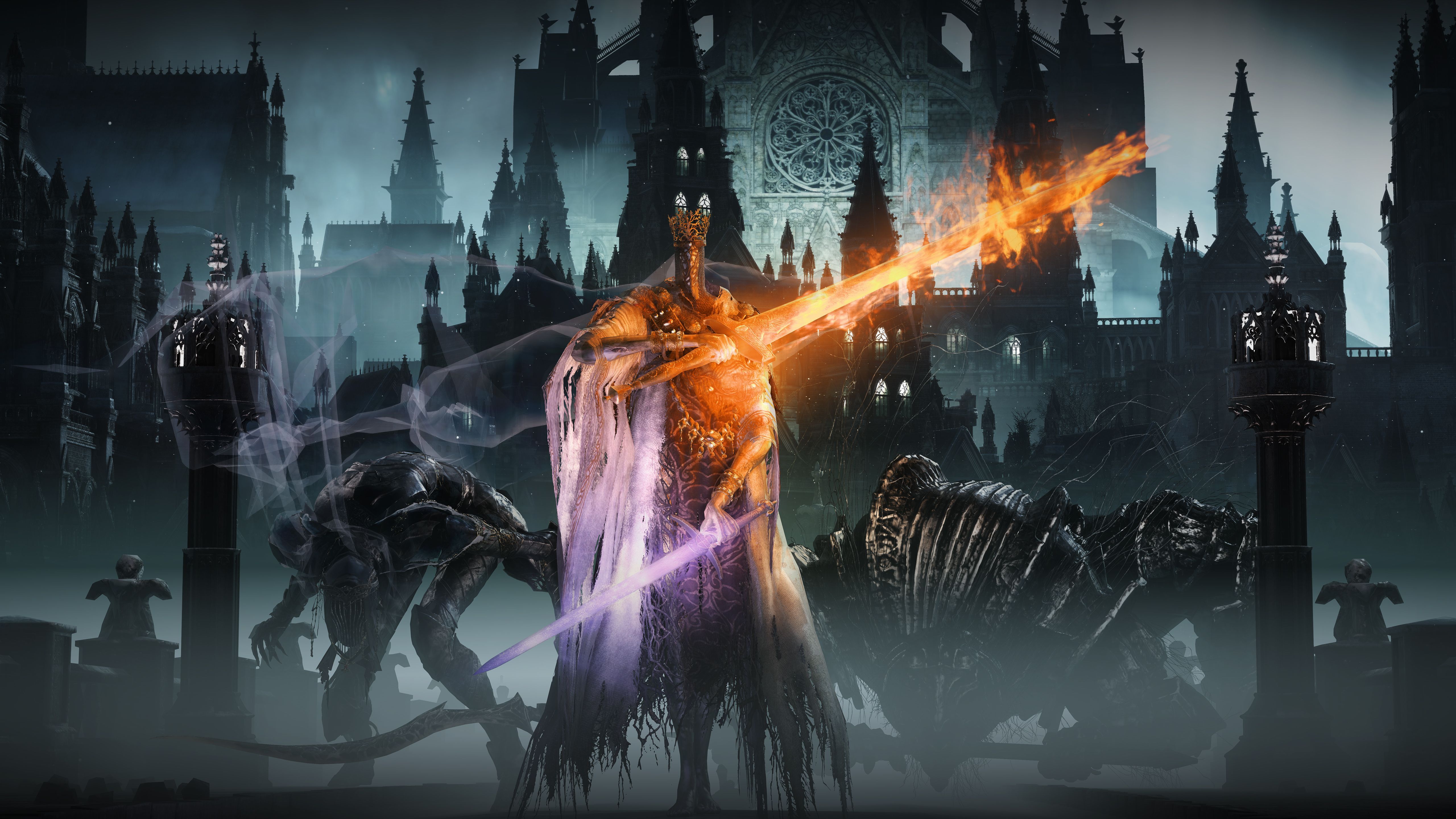 Dark Souls III, Hohepriester Sulyvahn, Flammenschwert, Gotische Stadt, Boss, 5K-Hintergrundbild