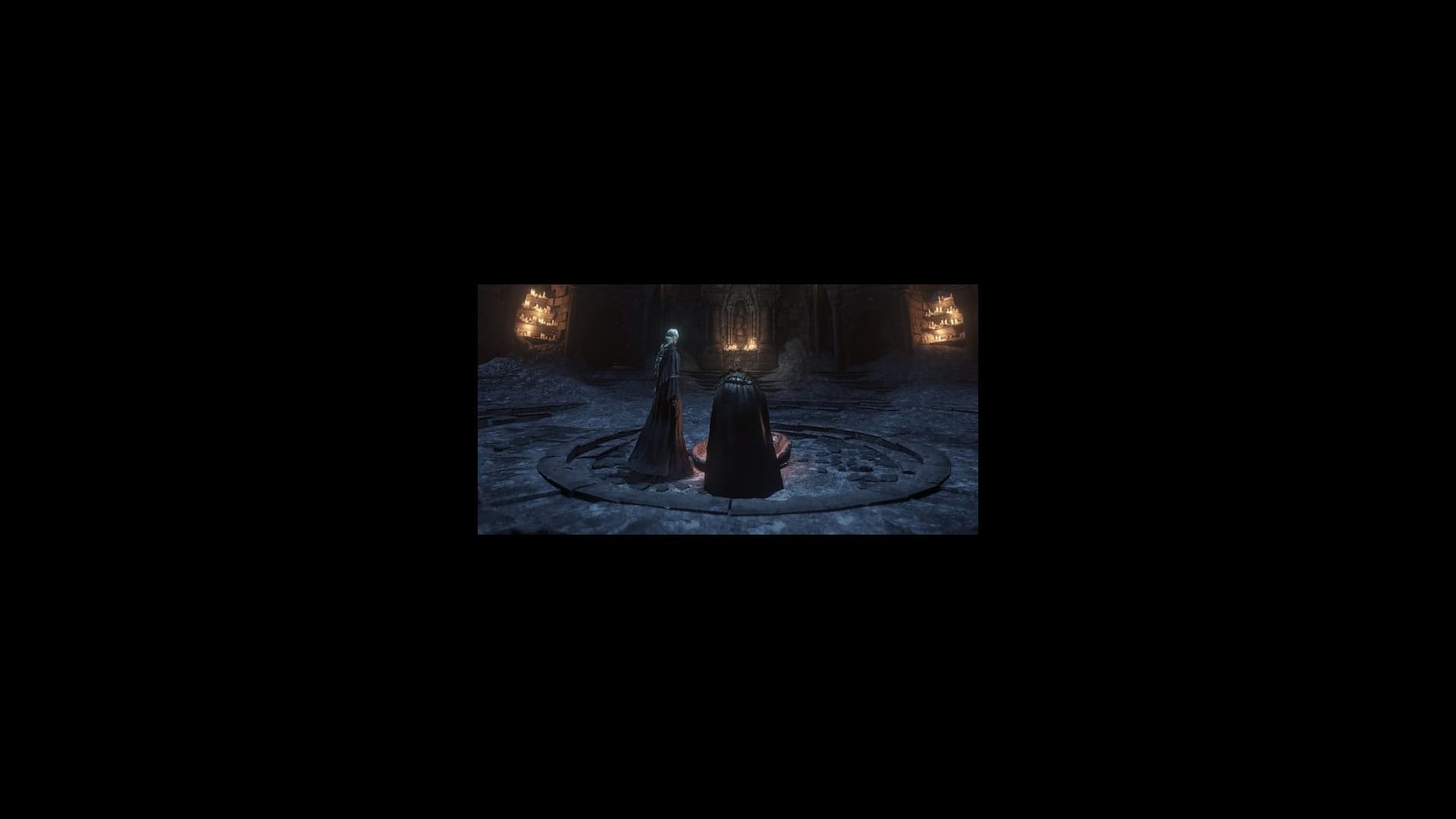 Dark Souls III, Feuerhüterin, Zwei Figuren, Ritual, Schwarzer Rahmen, Full-HD-Hintergrundbild für PC