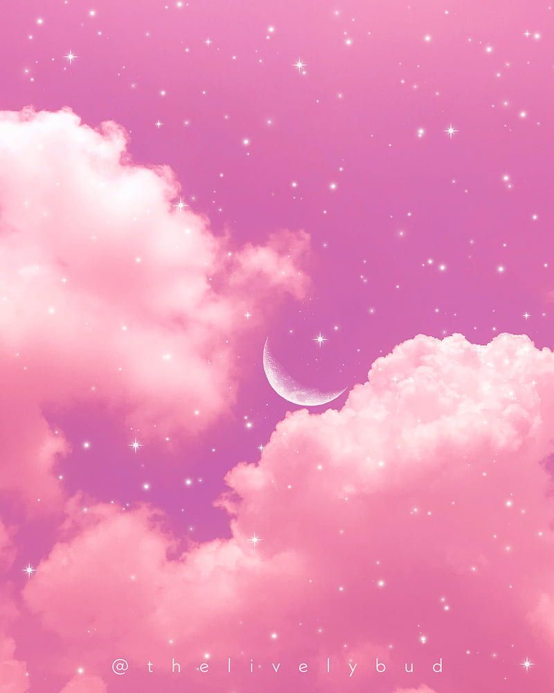 Rosa Wolken, Mondsichel, Pastell, Sterne, Rosa Himmel, HD, iPad-Hintergrundbild