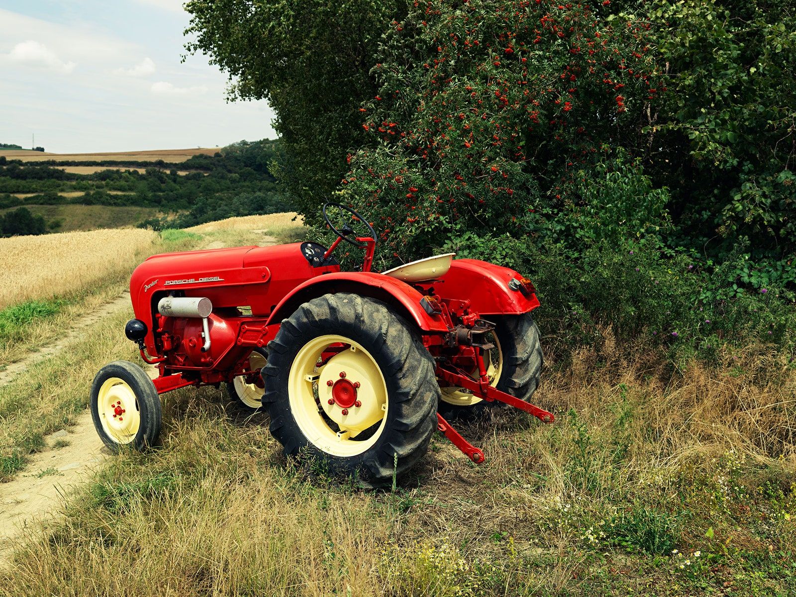 Oldtimer-Traktor, Roter Traktor, Feldweg, Hecke, Sommer, Hintergrundbild fürs Tablet